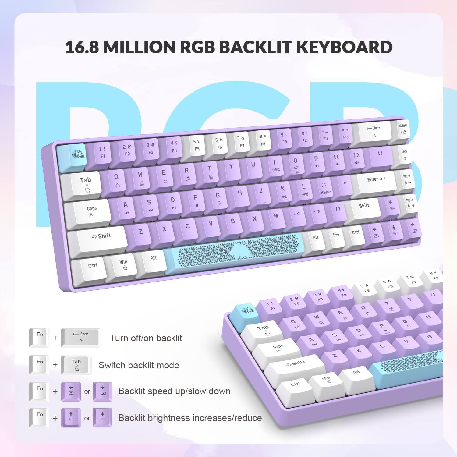 16.8 MILLION RGB BACKLIT KEYBOARD

- Fn + Backlit icon: Turn off/on backlit
- Fn + Tab: Switch backlit mode
- Fn + Left/Right arrow: Backlit speed up/slow down
- Fn + Up/Down arrow: Backlit brightness increases/reduce

Key layout:
- Top row: F1, F2, F3, F4, F5, F6, F7, F8, F9, F10, F11, F12
- Second row: 1!, 2@, 3#, 4$, 5%, 6^, 7&, 8*, 9(, 0), -, =, Backspace
- Third row: Tab, Q, W, E, R, T, Y, U, I, O, P, [, ], \
- Fourth row: Caps Lock, A, S, D, F, G, H, J, K, L, ;:, ', Enter
- Fifth row: Shift, Z, X, C, V, B, N, M, ,, ., /, Shift
- Bottom row: Ctrl, Win, Alt, Spacebar, Alt