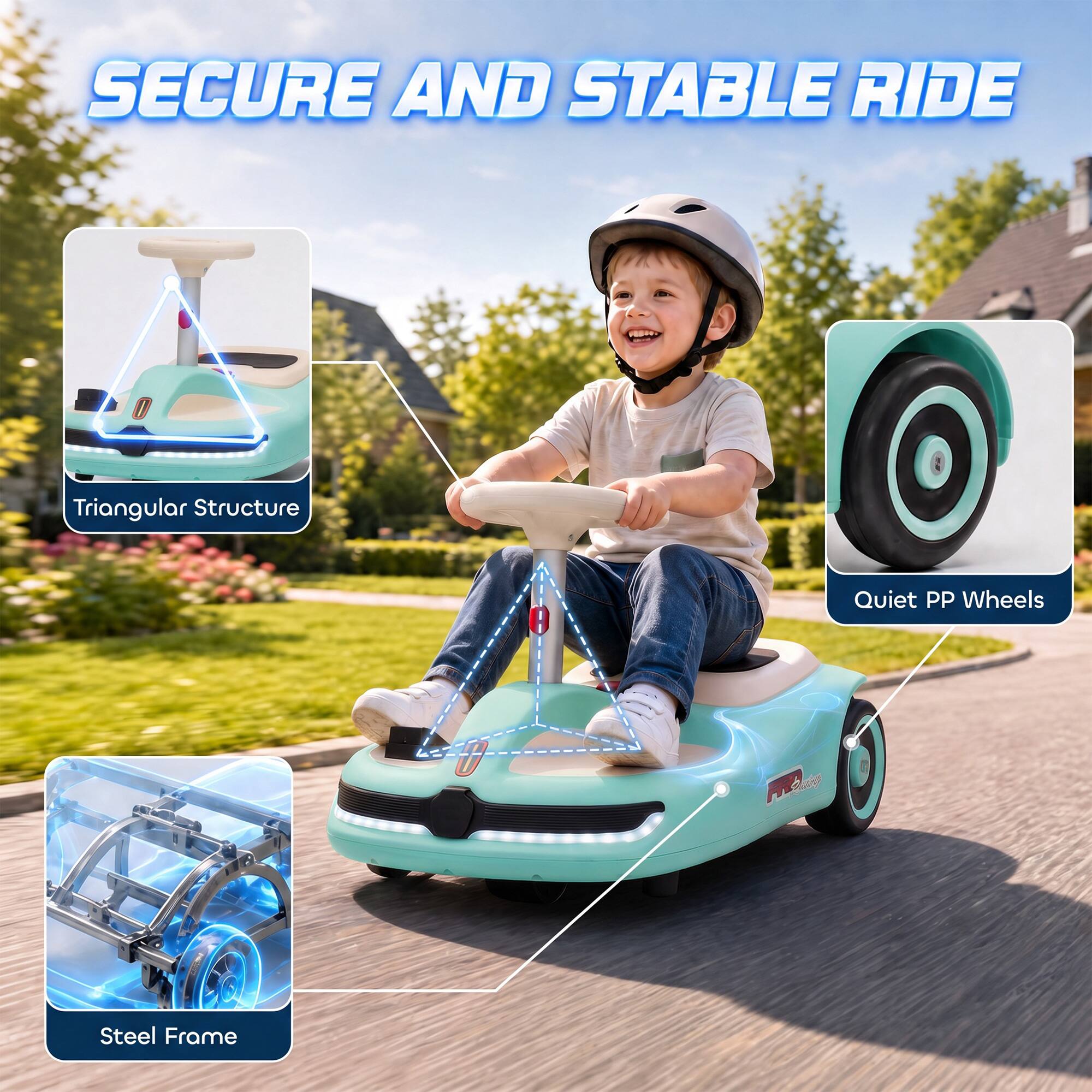SECURE AND STABLE RIDE

- Triangular Structure
- Quiet PP Wheels
- Steel Frame