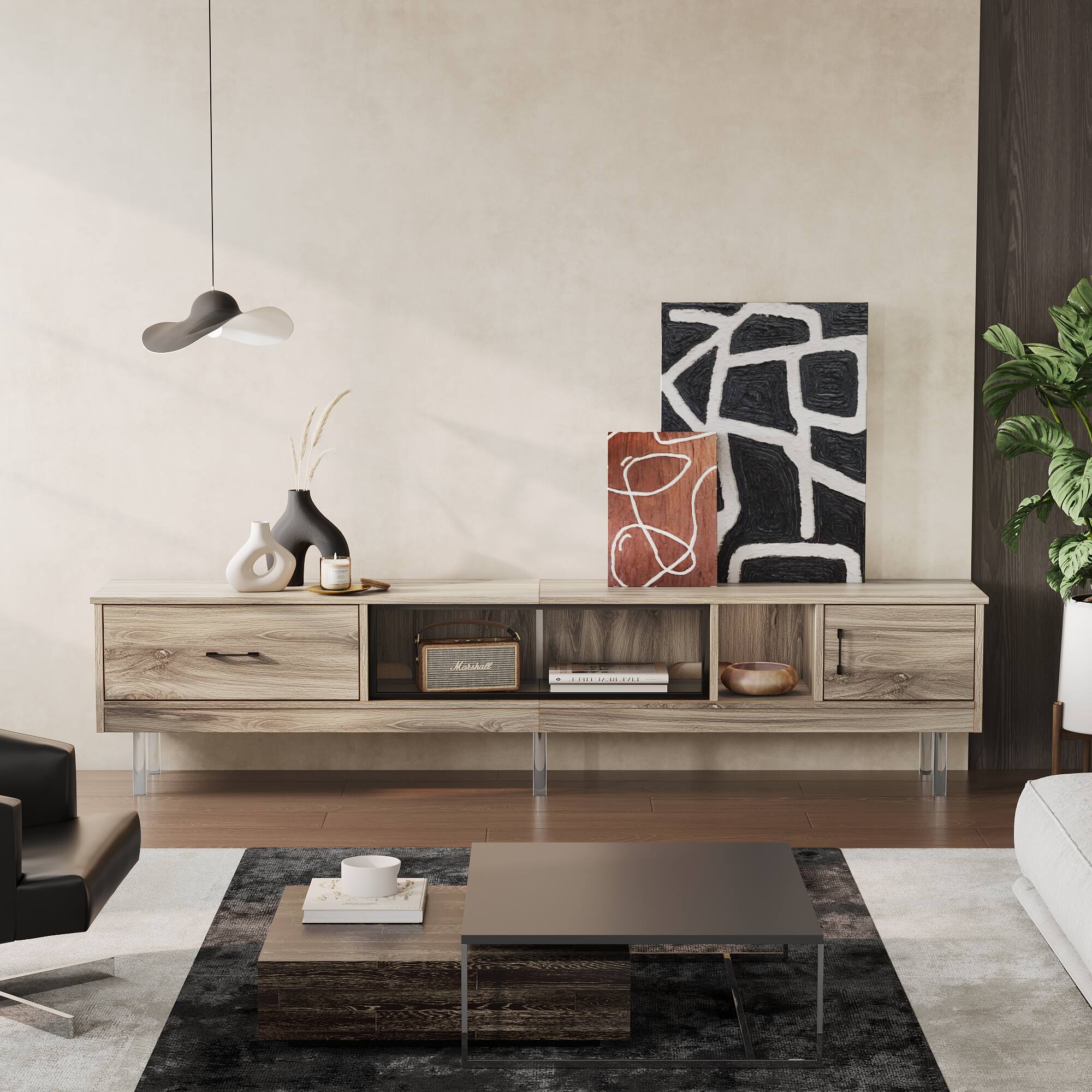 Back. Bestier - Gaming TV Stand for up to 85", 80-inch LED Entertainment Center with Drawer, 2 Cabinets & Acrylic Legs - Pinewood.