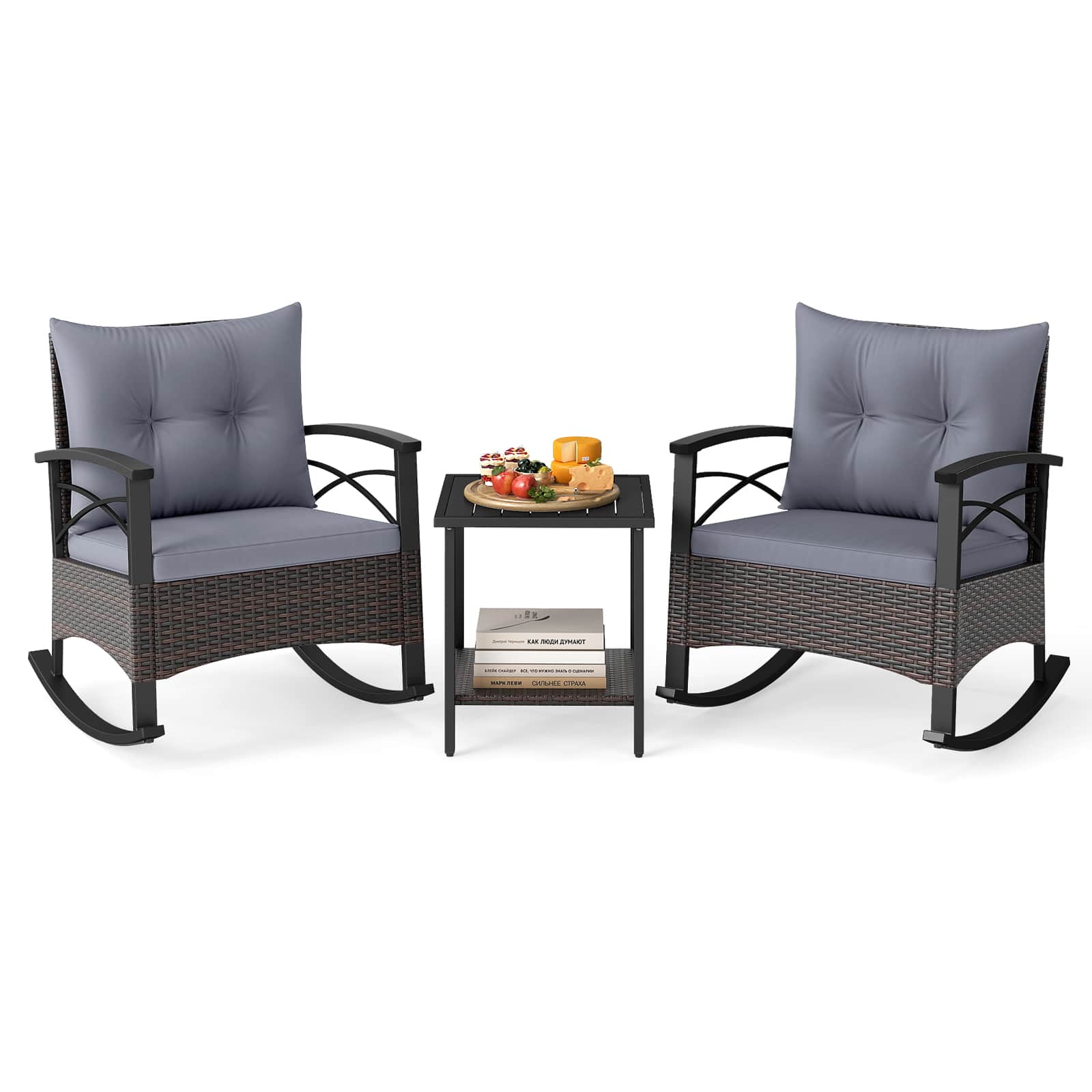 Front. Costway - 3 PCS Patio Rocker Set with 2-Tier Coffee Table & Soft Seat Back Cushions Outdoor - Mix Brown + Grey.