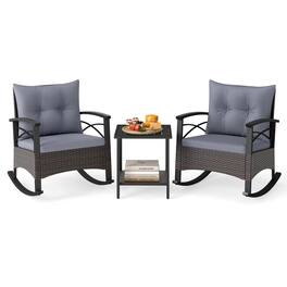 Costway - 3 PCS Patio Rocker Set with 2-Tier Coffee Table & Soft Seat Back Cushions Outdoor - Mix Brown + Grey