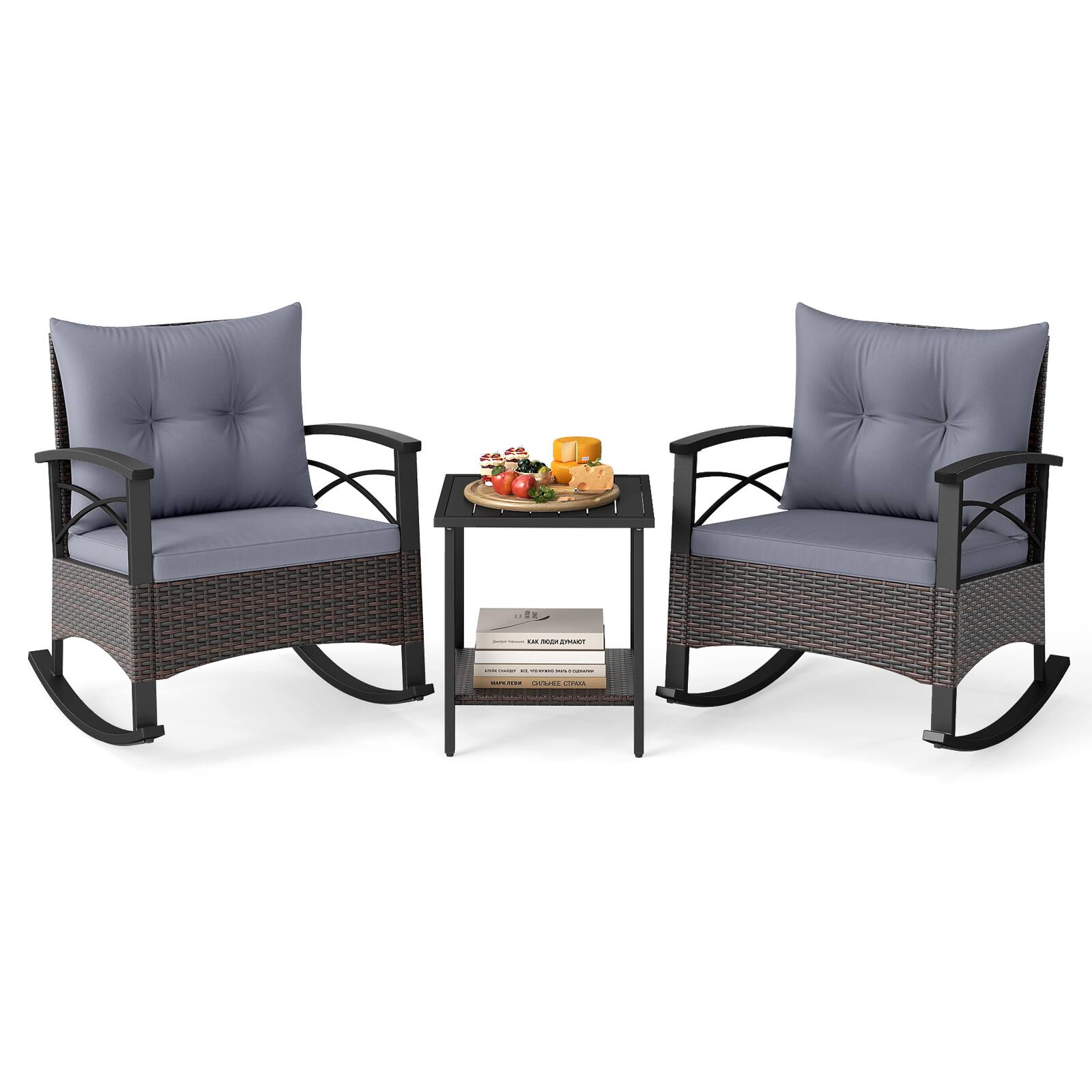 Front. Costway - 3 PCS Patio Rocker Set with 2-Tier Coffee Table & Soft Seat Back Cushions Outdoor - Mix Brown + Grey.