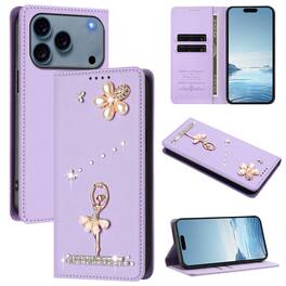 Dteck - 3D Bling Ballerina Wallet Case for Apple iPhone 17 Pro Max, RFID Blocking PU Leather Flip Cover with Card Slots - Purple