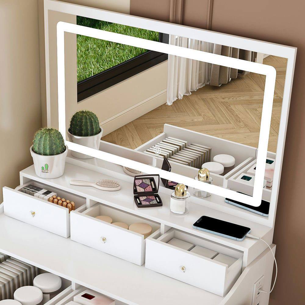Back. Kadyn - Large Mirror Vanity Desk, Modern Makeup Vanity Set, 5 Drawers, 3 Lighting Color Adjustable Dressing Table, White - White.