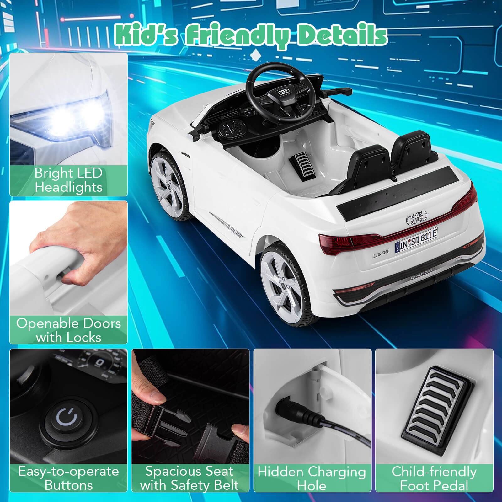 Kid's Friendly Details

- Bright LED Headlights
- Openable Doors with Locks
- Easy-to-operate Buttons
- Spacious Seat with Safety Belt
- Hidden Charging Hole
- Child-friendly Foot Pedal