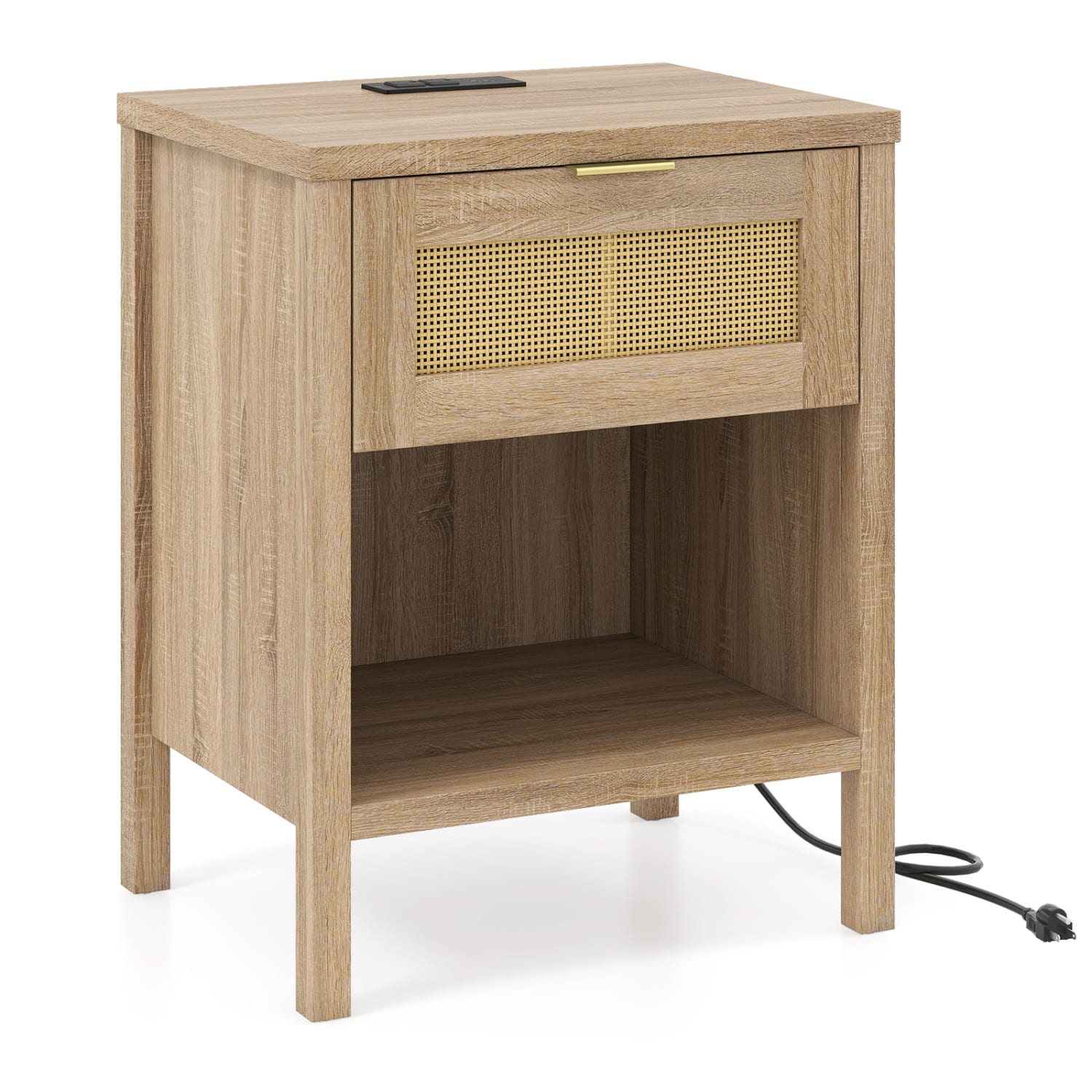 WELLFOR - Rattan Nightstand with Charging Station and Storage Shelf - Oak