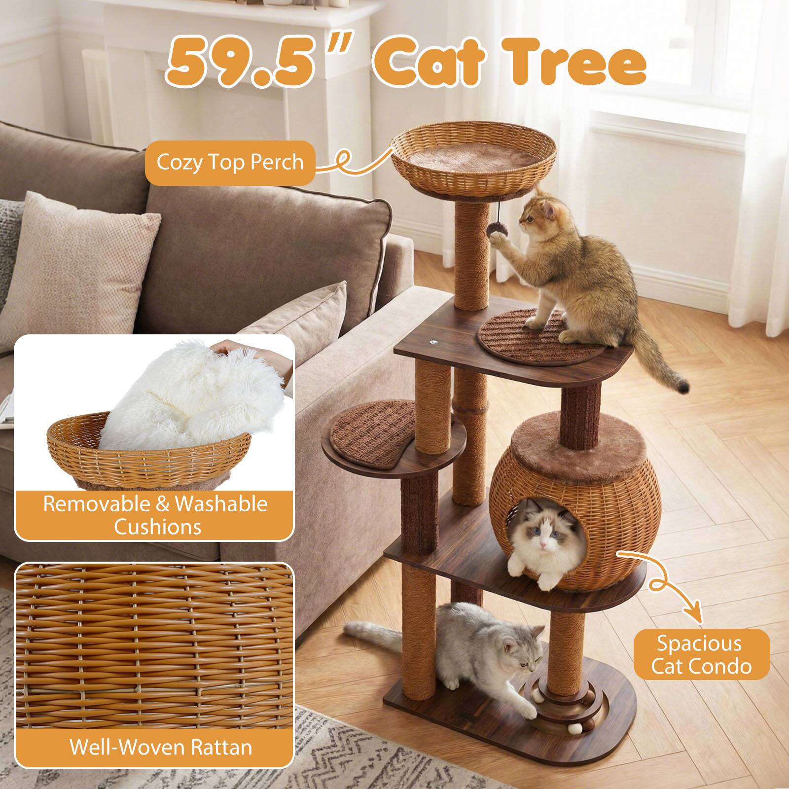 59.5" Cat Tree Cozy Top Perch Removable & Washable Cushions Spacious Cat Condo Well-Woven Rattan