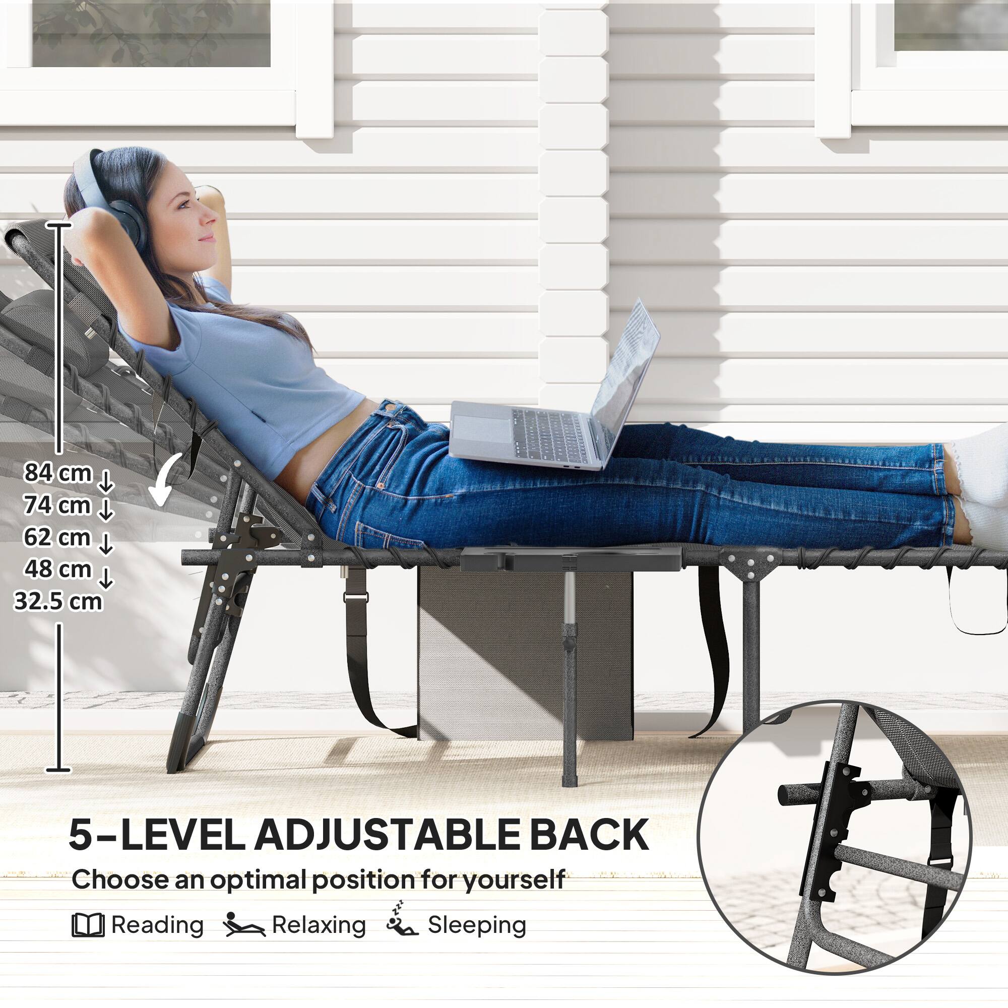 84 cm, 74 cm, 62 cm, 48 cm, 32.5 cm, 5-LEVEL ADJUSTABLE BACK, Choose an optimal position for yourself, Reading, Relaxing, Sleeping