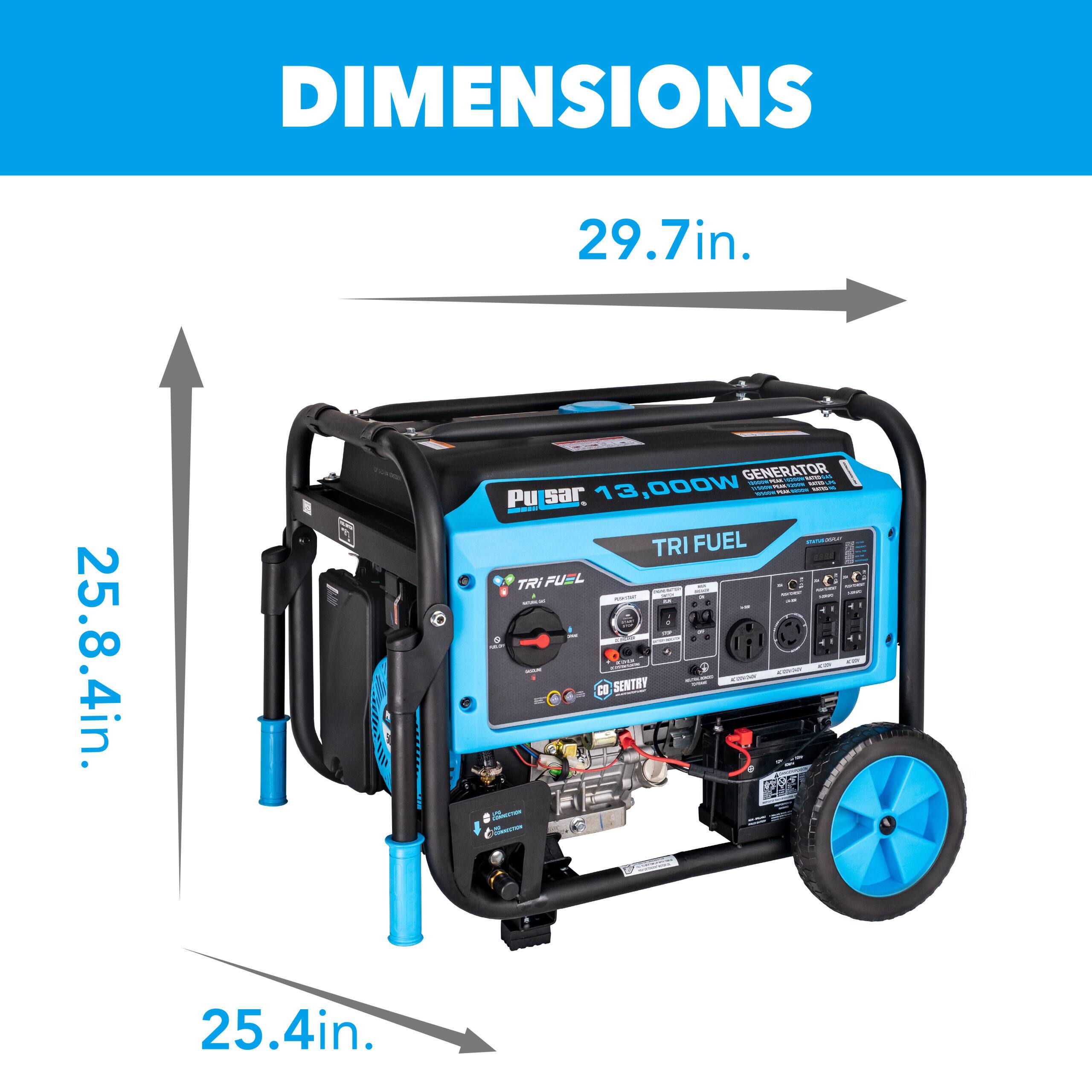 DIMENSIONS  
29.7in. x 25.8.4in. x 25.4in.  

GENERATOR  
Pu sar 13,000W  

TRI FUEL  
TRI FUEL  

SENTRY