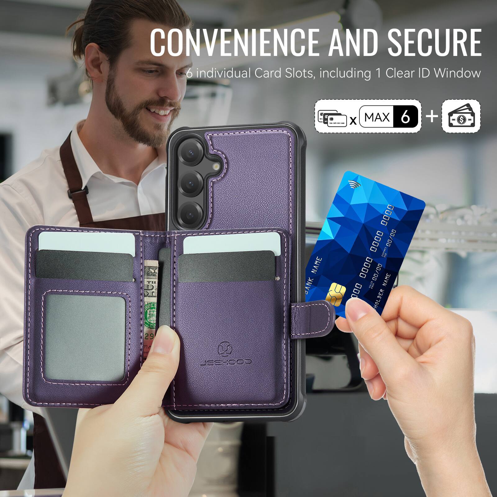 CONVENIENCE AND SECURE  
6 individual Card Slots, including 1 Clear ID Window  
MAX 6 +  

NAME BANK  
0000 0000 00/00  
GO la 0000 00/00  

NAME D00 HOLDER  
29 2 JEE-OOD