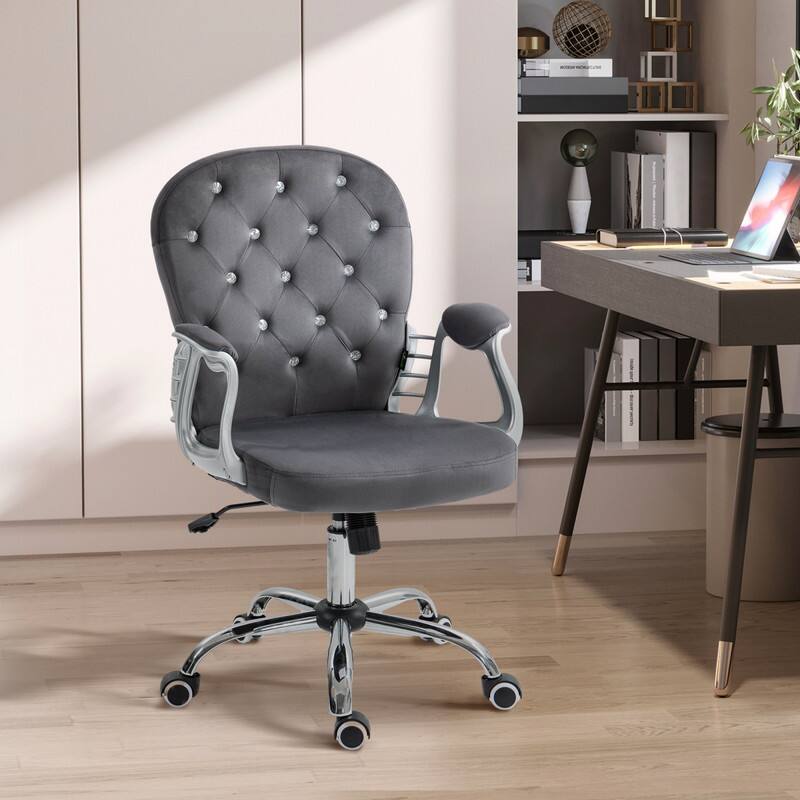 Alt View 1. HTUTWOO - Velvet Tufted Home Office Chair, Adjustable Height 360° Swivel Desk Chair with Padded Armrests,for Home Office & Study - Gray.