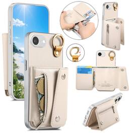 Dteck - PU Leather Zipper Wallet Phone Case for Apple iPhone 17e with Ring Buckle, Shockproof Kickstand Protective Cover - Beige