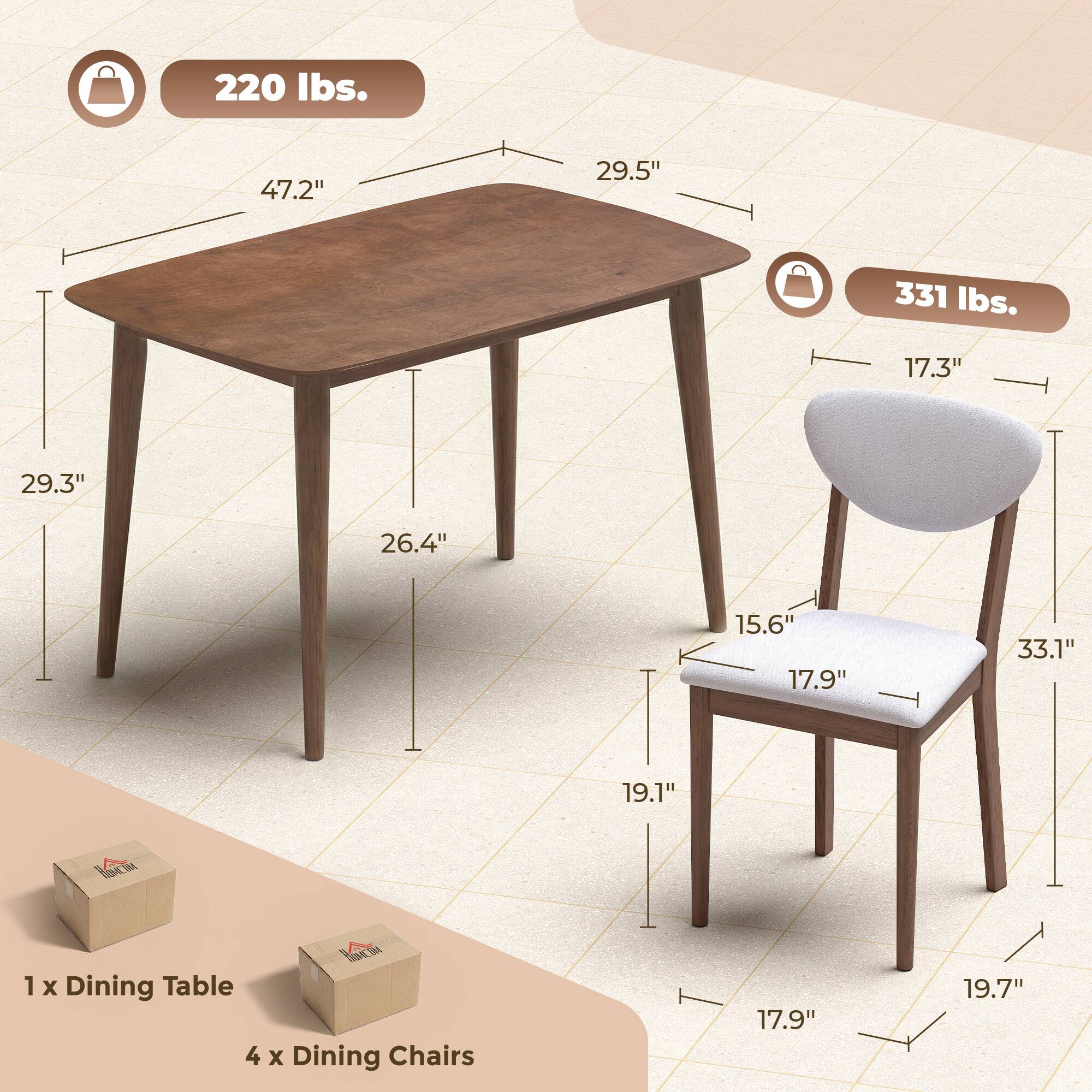 220 lbs.  
47.2"  
29.5"  
29.3"  
26.4"  
331 lbs.  
17.3"  
15.6"  
17.9"  
33.1"  
19.1"  
17.9"  
19.7"  

1 x Dining Table  
4 x Dining Chairs