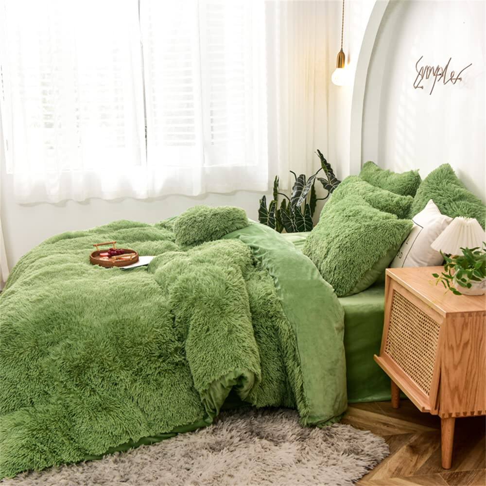 Alt View 4. Paradigms Interiors - Shaggy Fluffy Duvet Cover Set Size Super Soft Faux Bedding 3 1duvet llowcases Luxurious Plush Comforter Wit... - Green-Full-6pcs.