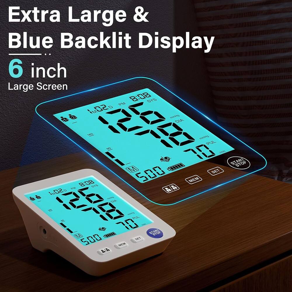 Extra Large & Blue Backlit Display  
6 inch Large Screen  

126  
78  
70  

126  
78  
70  

8:08 PM  
8:08 PM  

SYS  
DIA  
PUL  

MEM  
SET  
START STOP  

500  

1.02 D  
1.02 D  

M  
M  

500  

MEM  
SET  
START STOP