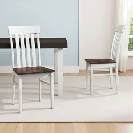 Front. Kadyn - Set of 2 Kitchen Armless Dining Chairs with Slatted High Backrests, White and Walnut - White.