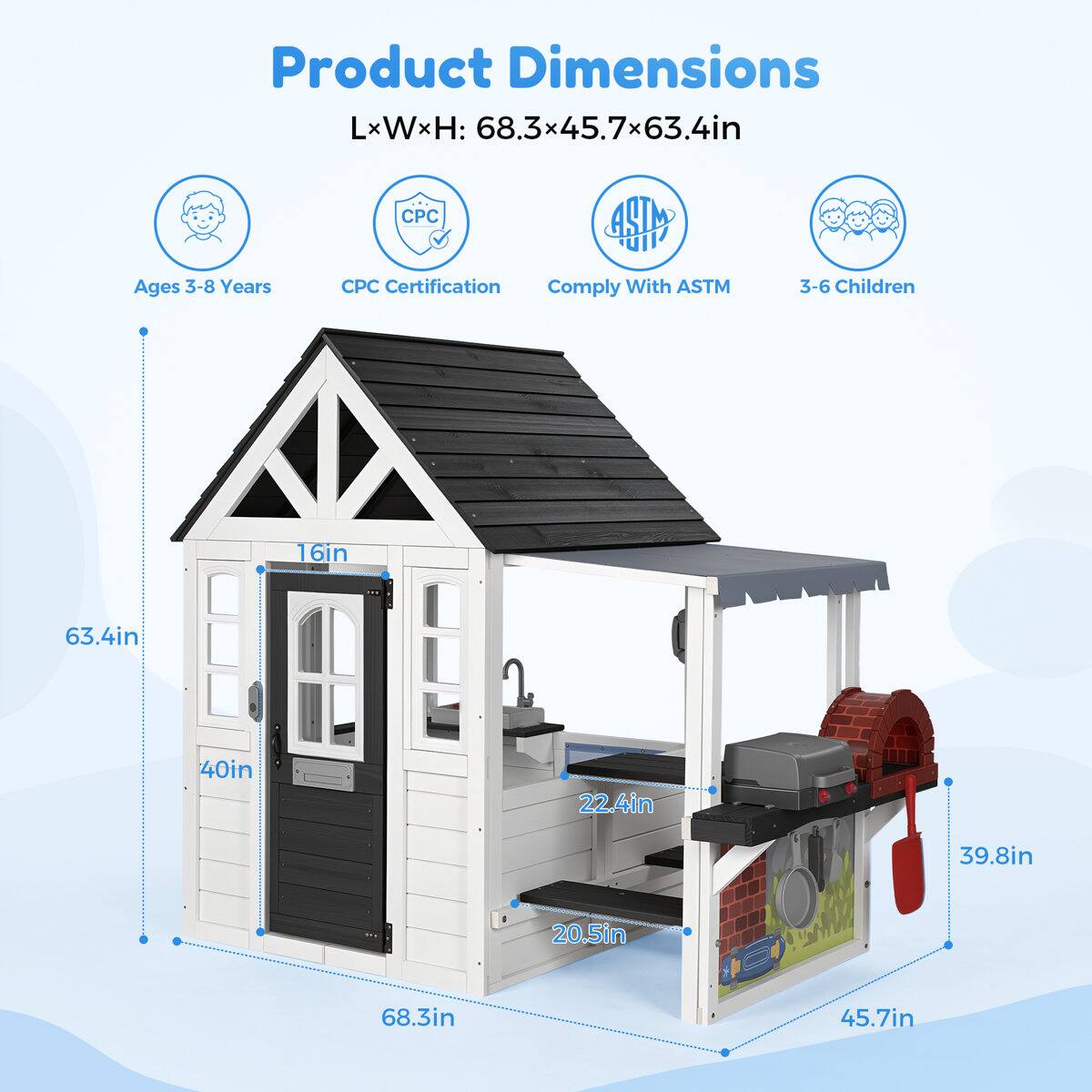 Product Dimensions LxWxH: 68.3x45.7x63.4in

Ages 3-8 Years

CPC BSD WITH CPC Certification Comply With ASTM

3-6 Children

16in

63.4in

40in

22.4in

39.8in

20.5in

68.3in

45.7in