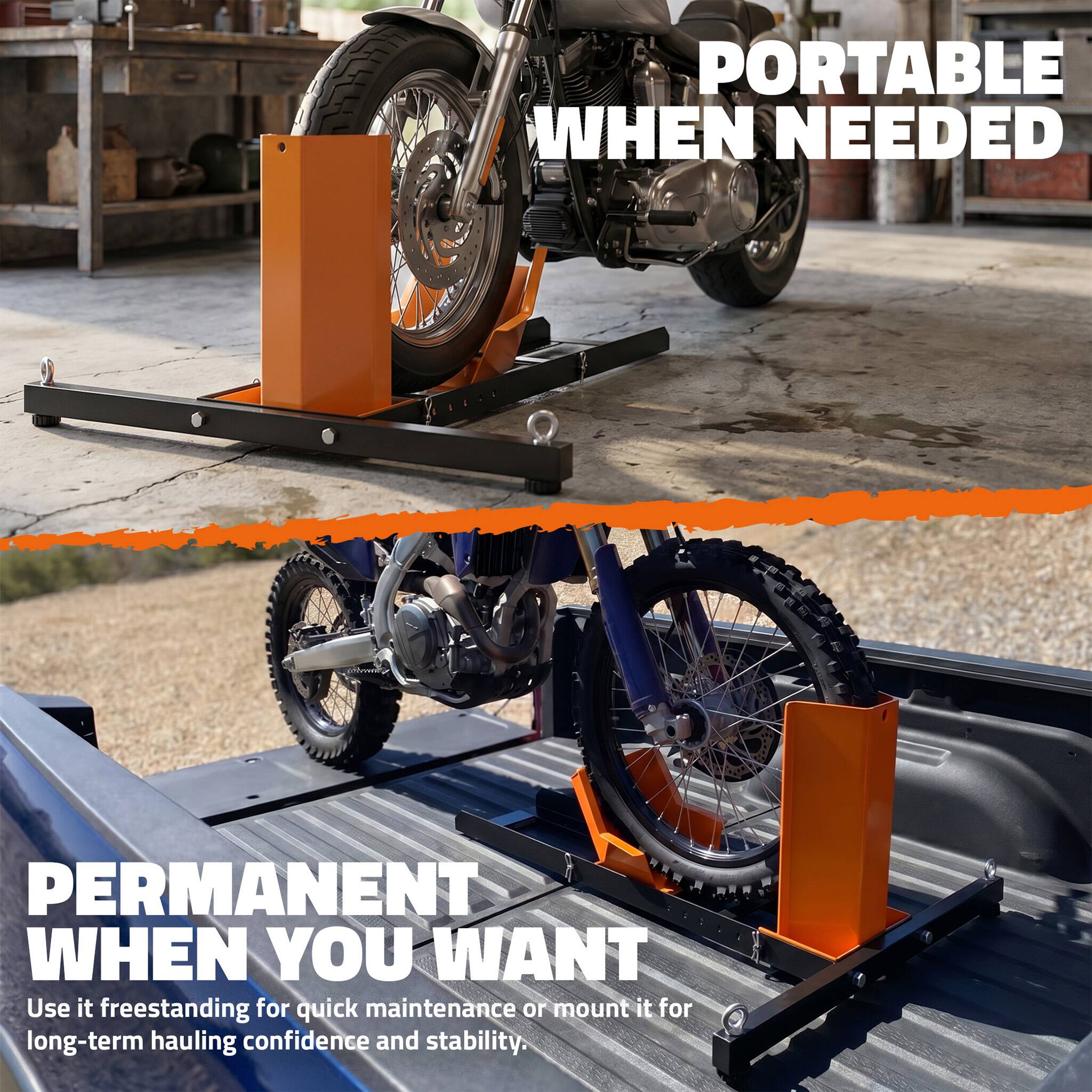 PORTABLE WHEN NEEDED  
PERMANENT WHEN YOU WANT  

Use it freestanding for quick maintenance or mount it for long-term hauling confidence and stability.