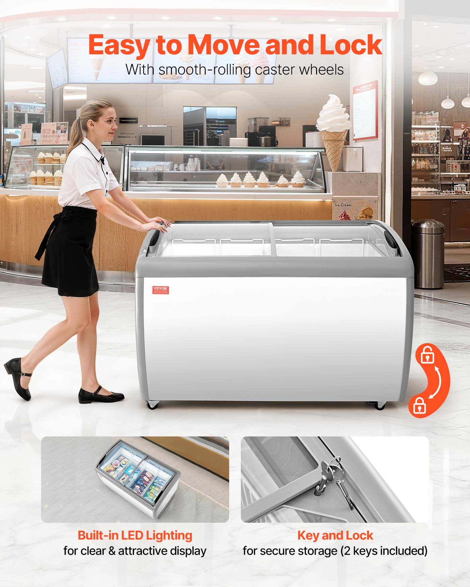 Easy to Move and Lock  
With smooth-rolling caster wheels  

Built-in LED Lighting for clear & attractive display  

Key and Lock for secure storage (2 keys included)