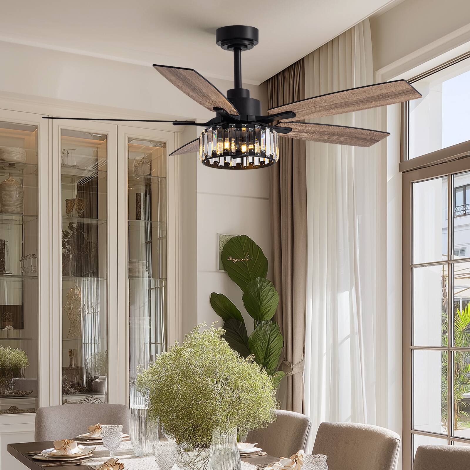 Angle. Siljoy - 52-Inch Modern Double Layer Crystal Cage Ceiling Fan with Light for Living Room Bedroom and Kitchen - Black.