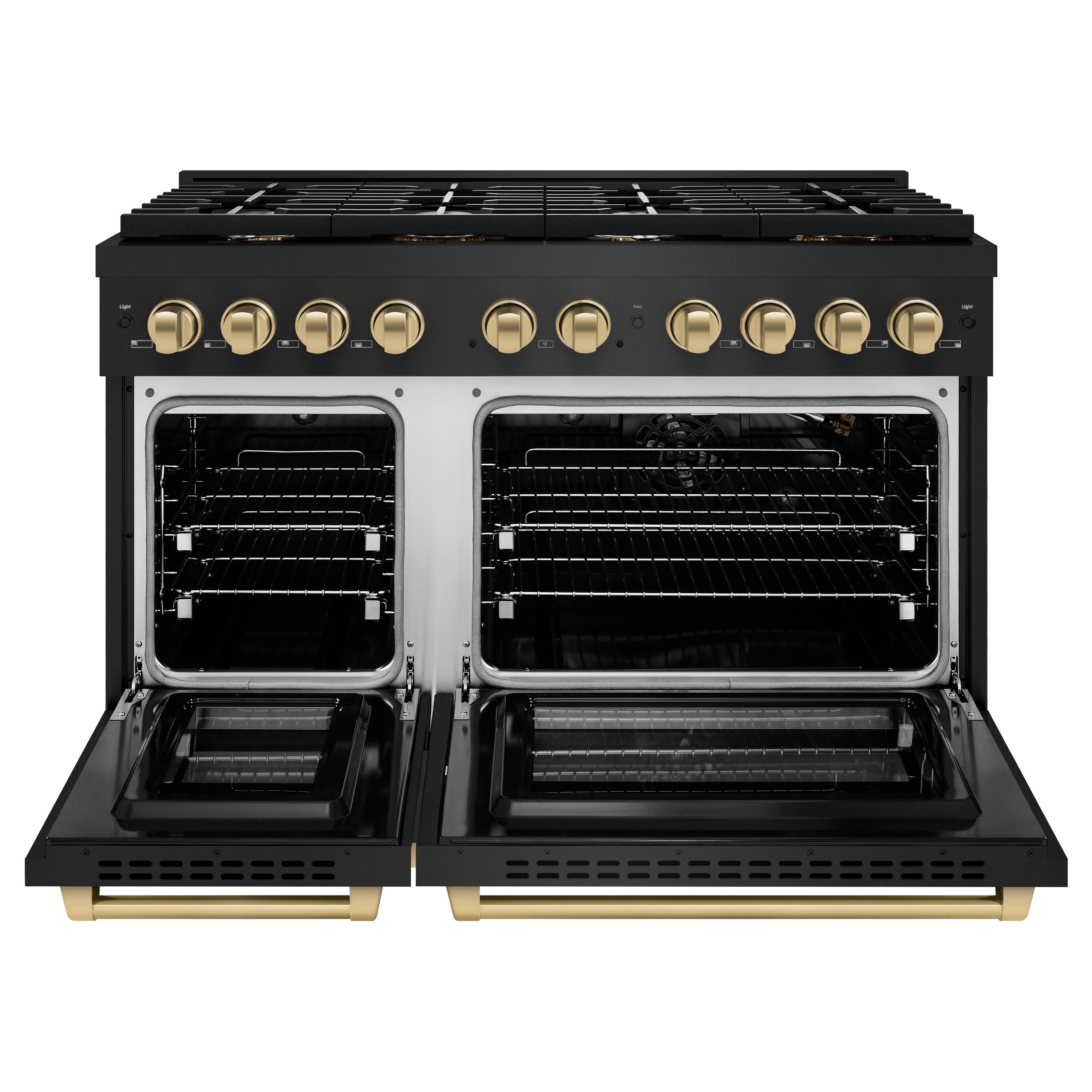 Angle. ZLINE - Autograph 48" Paramount Black Stainless Gas Range w/ 8 Burners & Bronze Accents (SGRBZ-48-CB) - Black Stainless Steel.