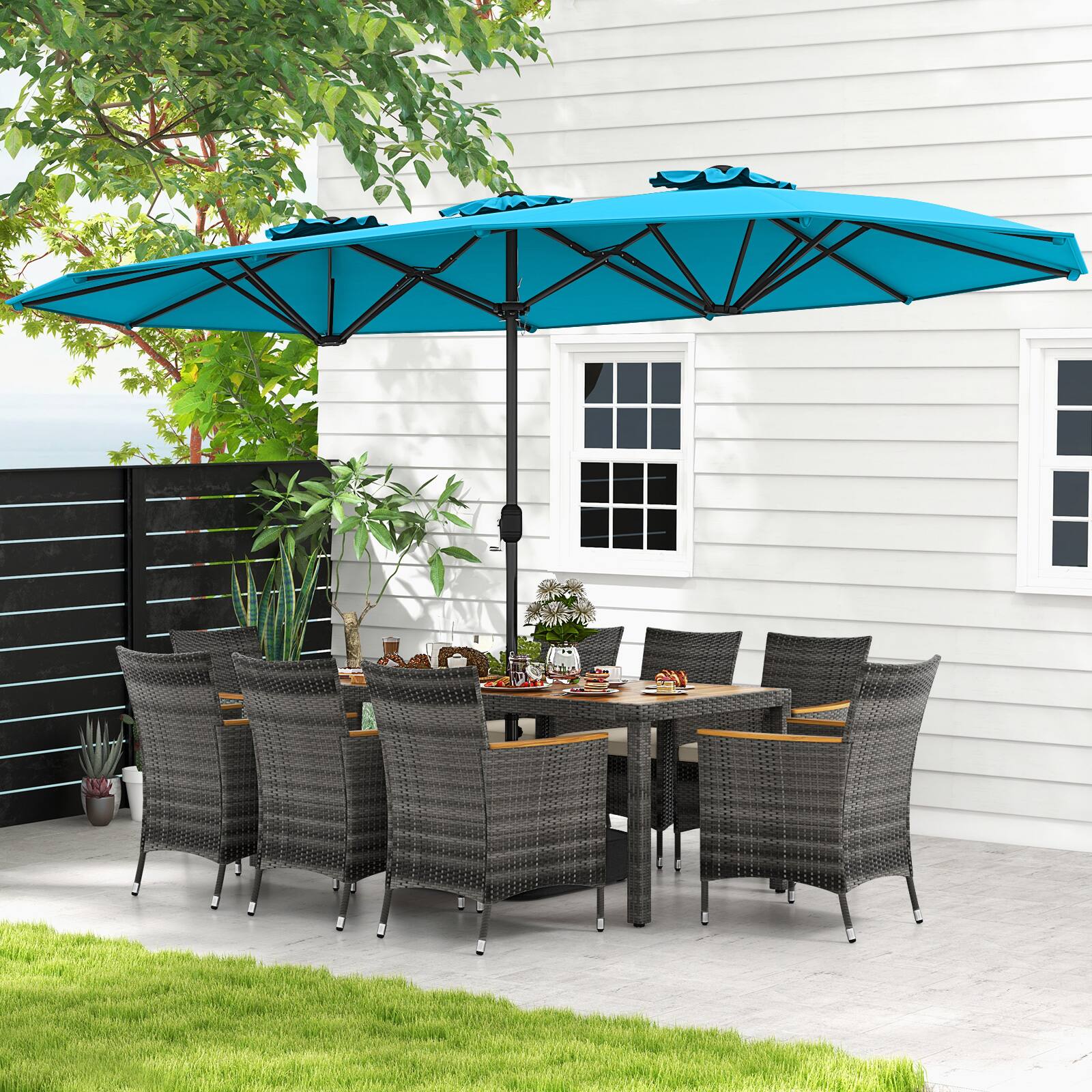 Alt View 4. Costway - 10 Pieces Patio Wicker Dining Set with Double-Sided Patio Umbrella 8 Armchairs - Turquoise,,Mix Brown.