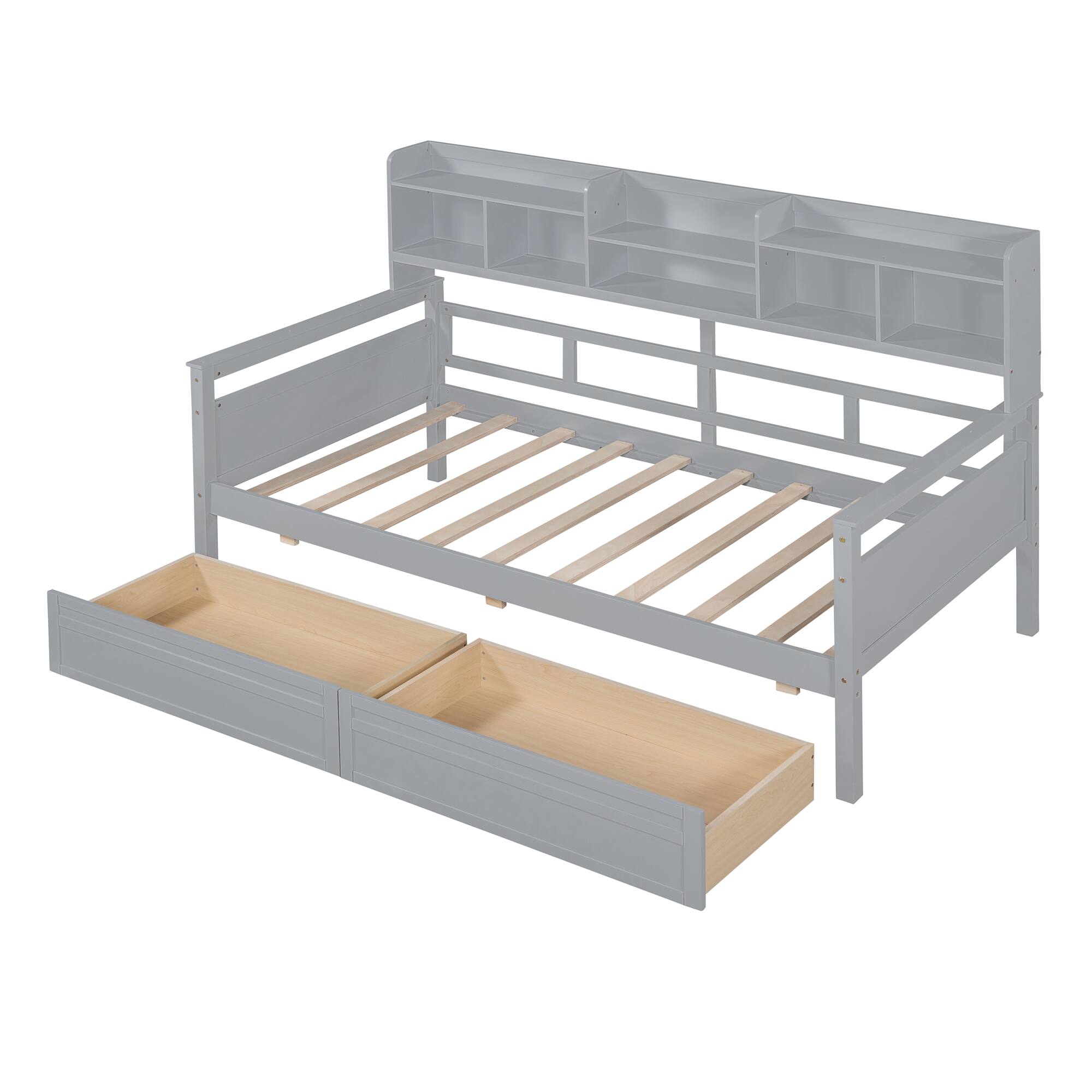 Left. Aukfa - Twin size Daybed, Wood Slat Support, with Bedside Shelves and Two Drawers - Gray.