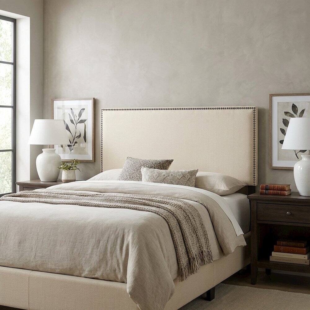 Left. FurniFact - Upholstered Full Headboard, Nailhead Trim in Neutral Fabric for Stylish Bedroom - Beige.