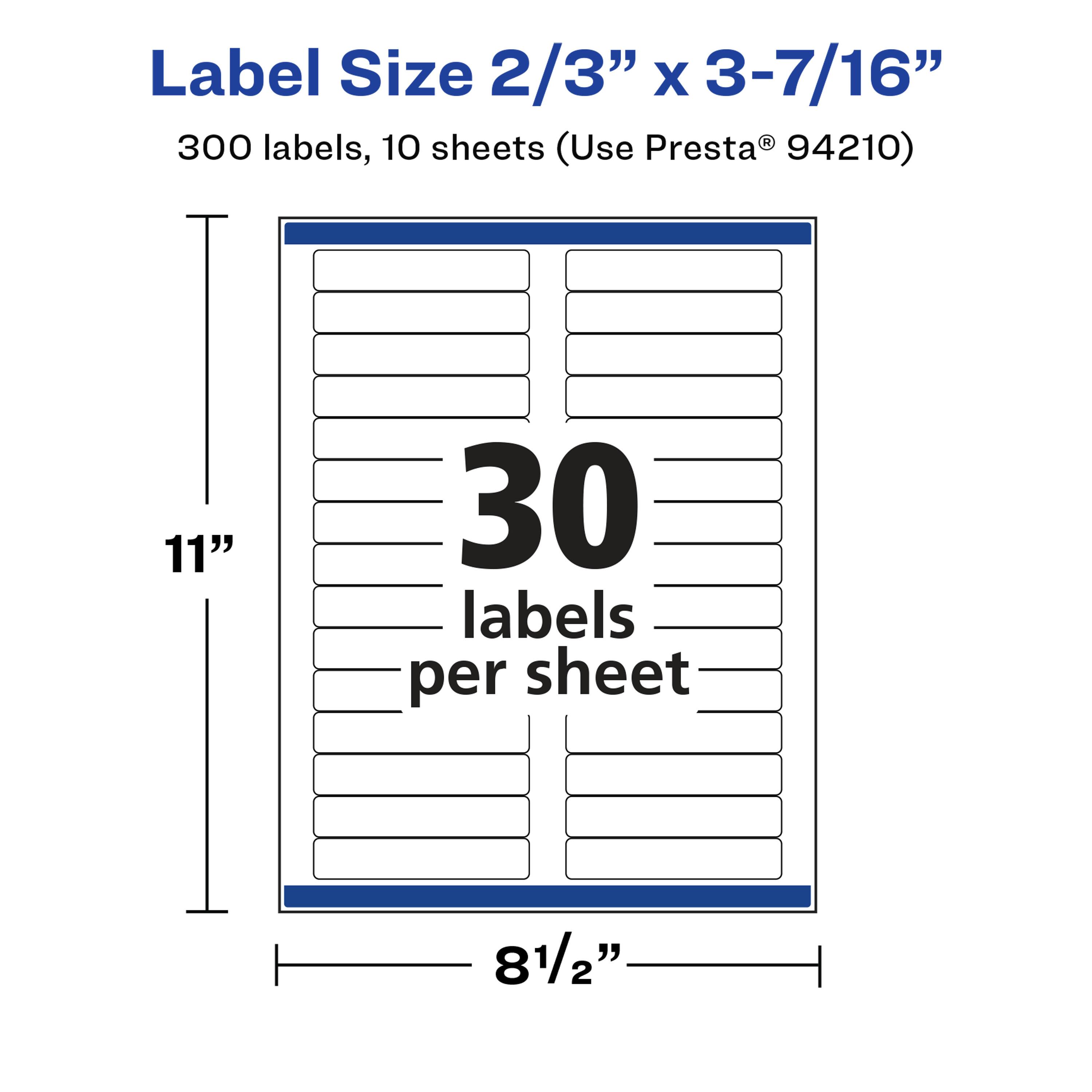Label Size 2/3" x 3-7/16"  
300 labels, 10 sheets (Use Presta® 94210)  
11" x 8½"  
30 labels per sheet