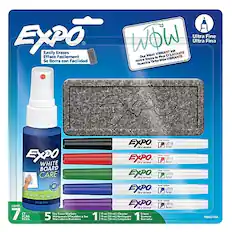 EXPO Easily Erases Efface Facilement Se Borra con Facilidad Ultra Fine WOW Most VIBRANT CLATANTE Ink Ultra Fina Our la Plus MASVIBRANTE Notre Enore Nuestra Tinta EXPO WHITE BOARD CARE Cleoning Spra 1% CONT 7 CT Dry bae PCAS PZAS 5 Sec 1 EXPO dry erase EXPO dry EXPO dry EXPO dry erase EXPO dry erase 1 utra fine Ultra fine 188431DA