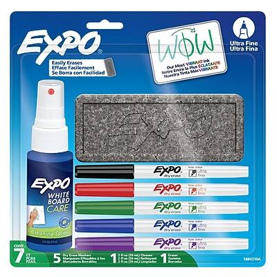 Sure, here is the corrected and grouped text from the image:
**Product Name:**
- EXPO
**Features:**
- Easily Erases
- Se Borra con Facilidad
- Ultra Fine
- WOW Most Vibrant
- Notre Tinte Plus Vibrante
- Nuestra Tinta Más Vibrante
**Product Details:**
- EXPO White Board Care Cleaning Spray
- 1% CONT
- 7 CT
- 5 Sec
- 1 oz (28 ml) Cleaner
- 1 oz (28 ml) Limpiador
**Markers:**
- EXPO Dry Erase Markers
- Ultra Fine
- 188431DA
**Quantity:**
- 7 Pieces
- 7 Piezas
**Additional Information:**
- Ultra Fine
- Ultra Fina
- Ultra Fina
**Packaging:**
- EXPO
- EXPO White Board Care
- EXPO dry erase
- EXPO dry erase
**Barcode:**
- 1380614