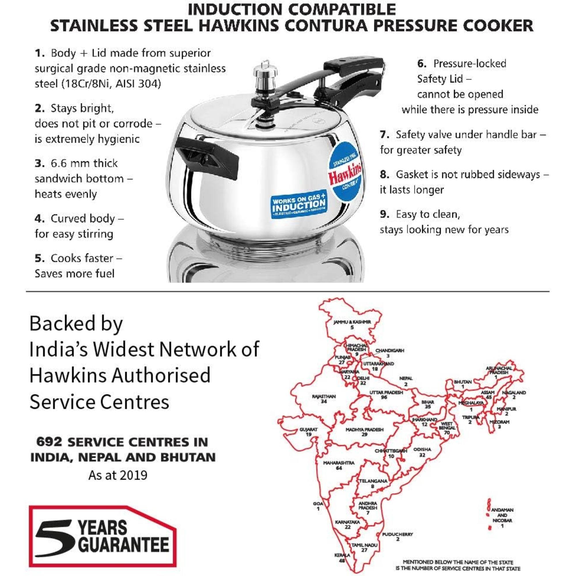 INDUCTION COMPATIBLE STAINLESS STEEL HAWKINS CONTURA PRESSURE COOKER

1. Body + Lid made from superior surgical grade non-magnetic stainless steel (18Cr/8Ni, AISI 304)
2. Stays bright, does not pit or corrode – is extremely hygienic
3. 6.6 mm thick sandwich bottom – heats evenly
4. Curved body – for easy stirring
5. Cooks faster – Saves more fuel
6. Pressure-locked Safety Lid – cannot be opened while there is pressure inside
7. Safety valve under handle bar – for greater safety
8. Gasket is not rubbed sideways – it lasts longer
9. Easy to clean, stays looking new for years

Backed by India's Widest Network of Hawkins Authorised Service Centres

692 SERVICE CENTRES IN INDIA, NEPAL AND BHUTAN As at 2019

JAMMU & KASHMIR 5
HIMACHAL PRADESH 27
CHANDIGARH 1
PUNJAB 1
ARUNACHAL PRADESH 32
BIHUTAN 2