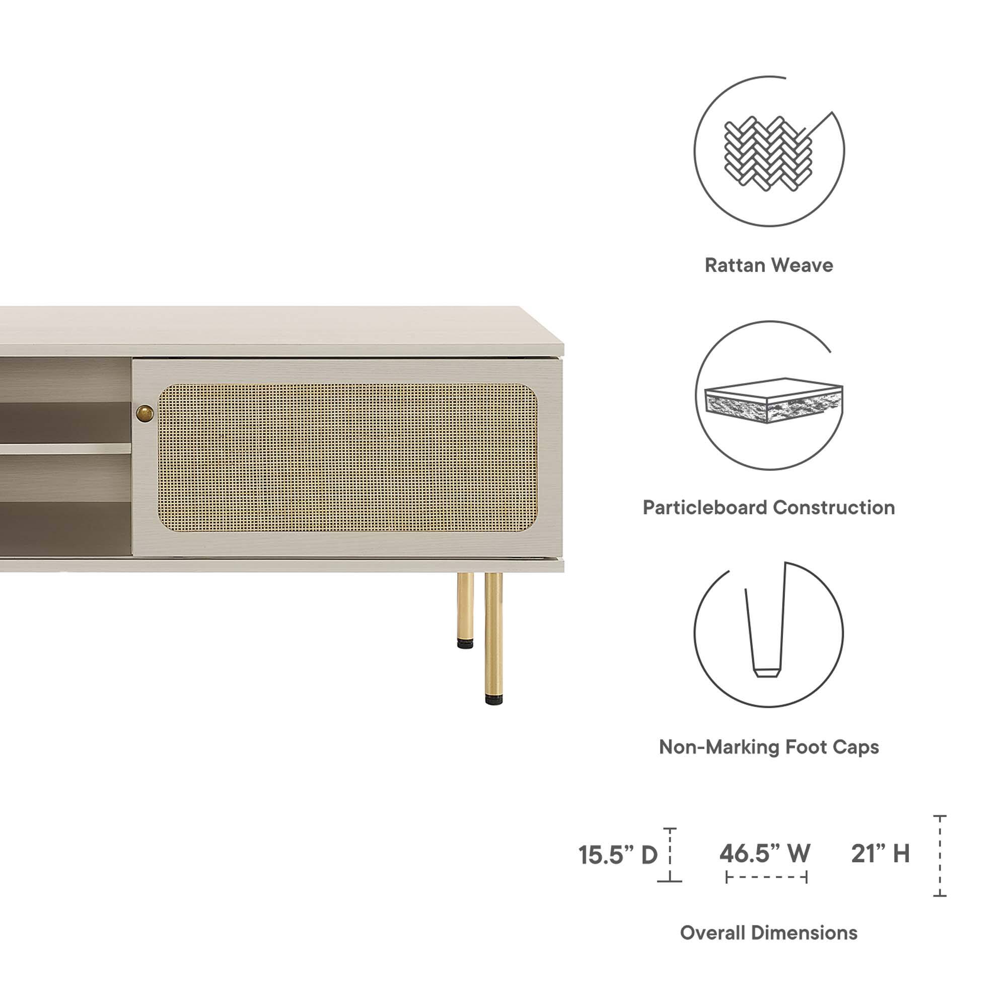 Rattan Weave  
Particleboard Construction  
Non-Marking Foot Caps  

15.5" D  
46.5" W  
21" H  

Overall Dimensions