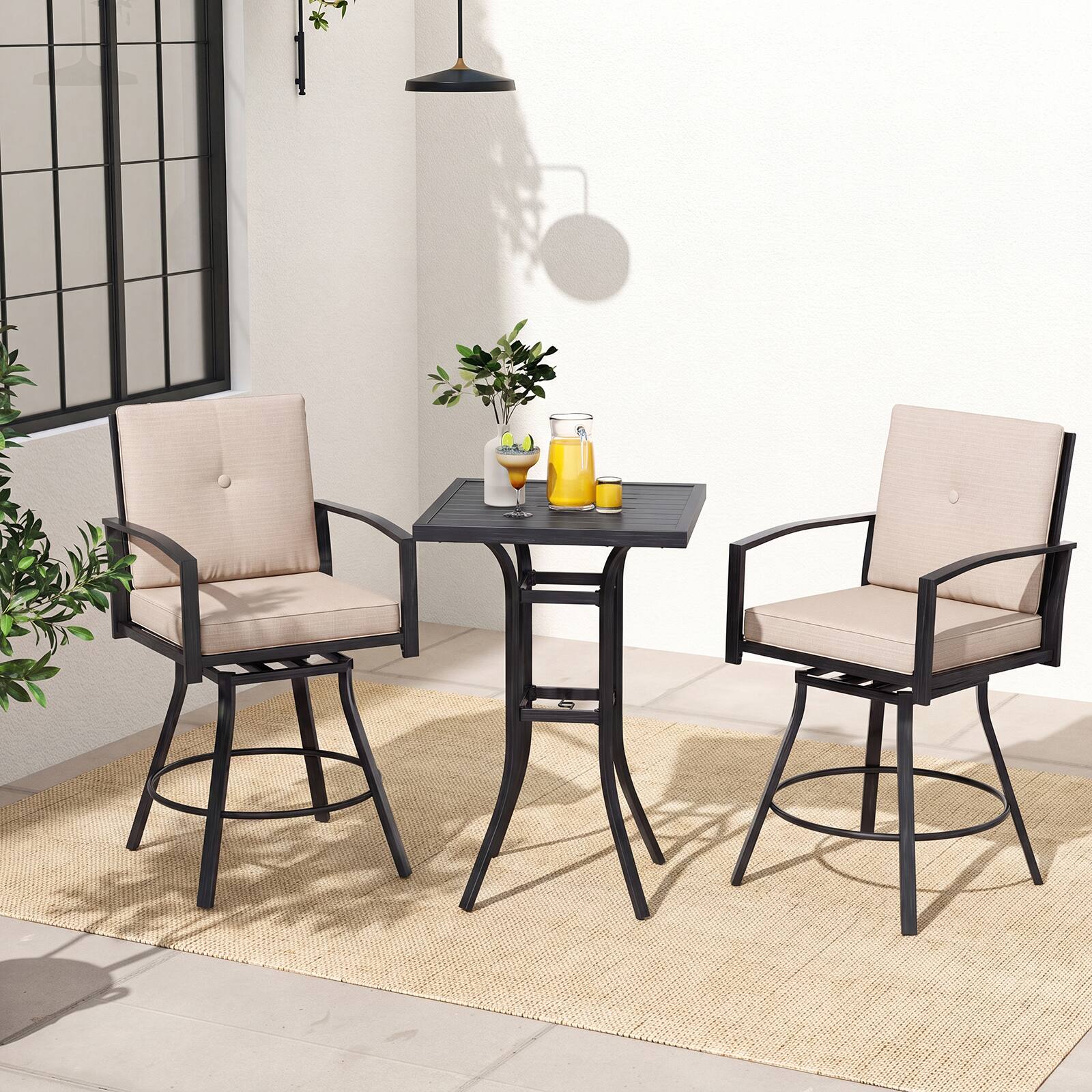 Alt View 4. Costway - Costway 3 Pieces Patio Swivel Bar Set with Soft Cushions & 1.57" Umbrella Hole for Lawn - Black+Beige.