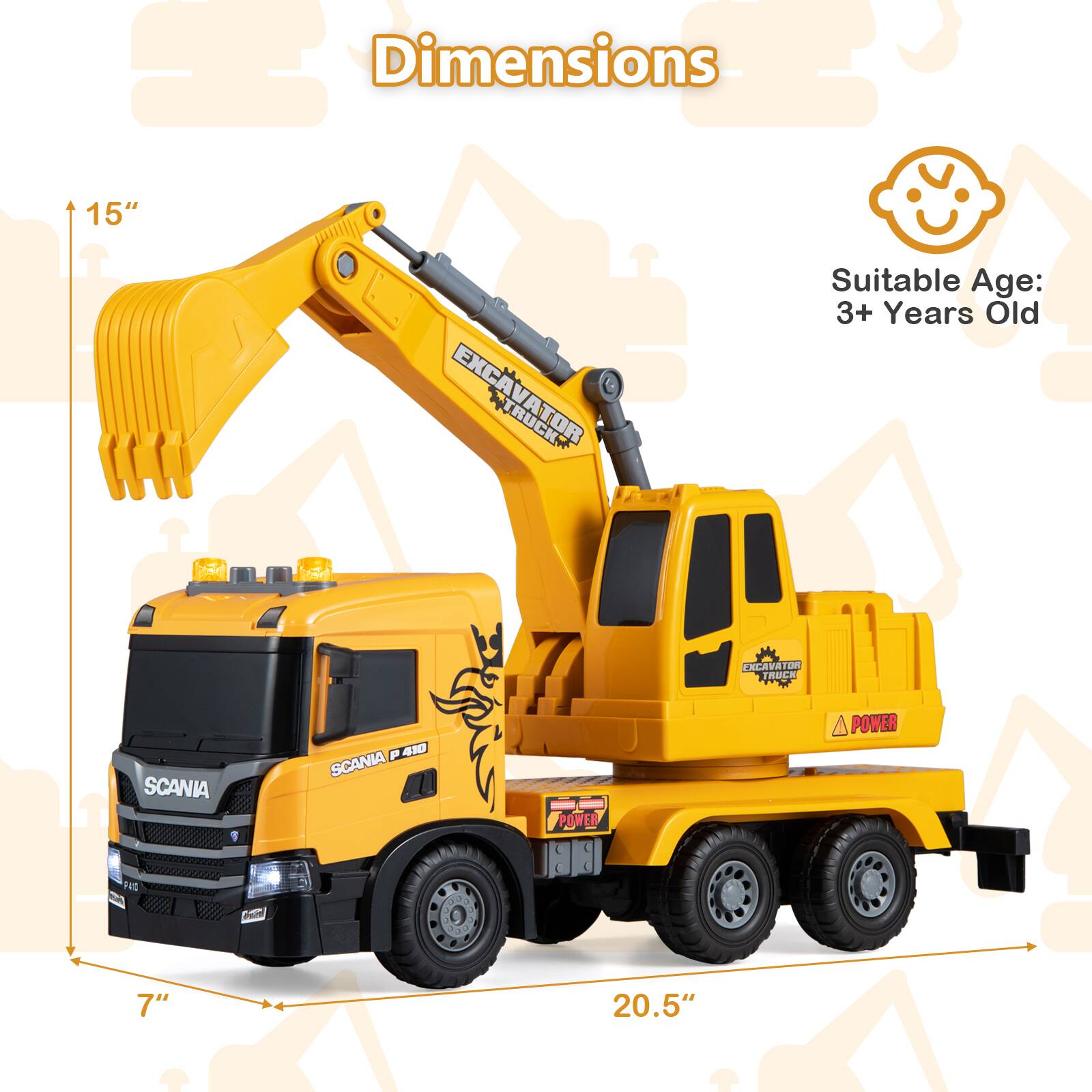 Dimensions  
15"  
EXCAVATOR EXC TRUCKS  
Suitable Age: 3+ Years Old  
EXCAVATOR TRUCK  
SCANIA  
P 410 SCANIA  
POWER  
POWER  
PAID  
Piners  
7"  
20.5"