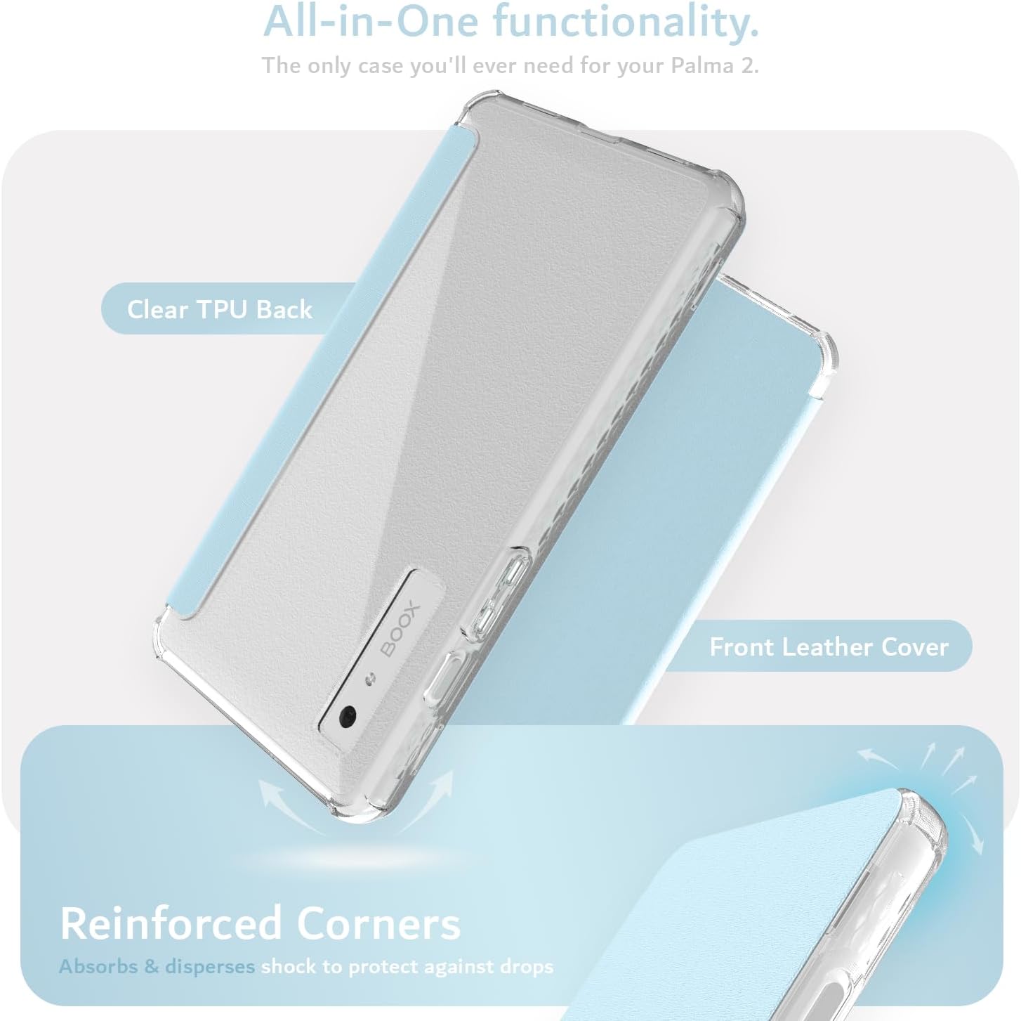 All-in-One functionality.  
The only case you'll ever need for your Palma 2.  

Clear TPU Back  
Front Leather Cover  
Reinforced Corners  
Absorbs & disperses shock to protect against drops