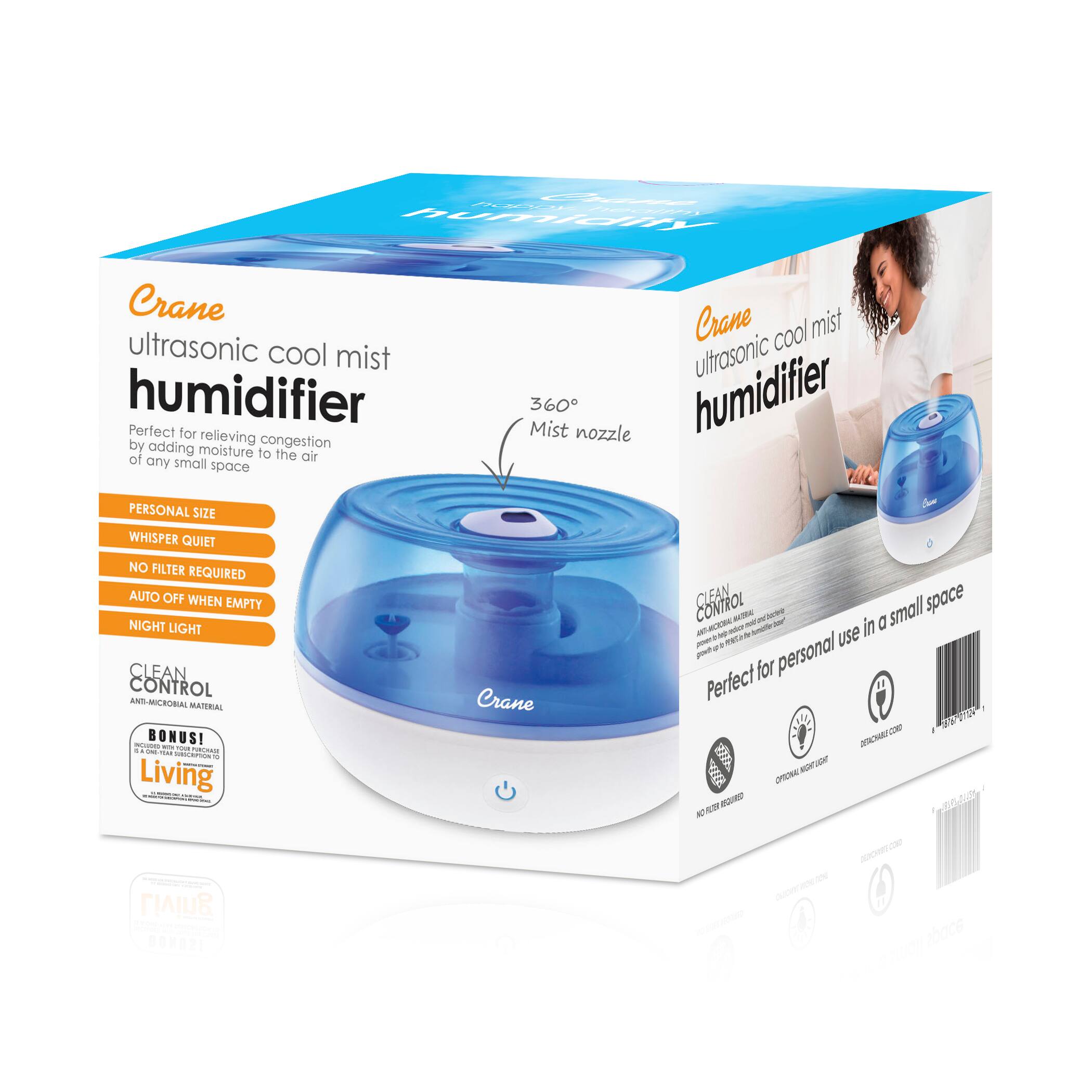 The text on the image is as follows:

"Crane ultrasonic cool mist humidifier Perfect for relieving congestion by adding moisture to the air of any small space. Crane cool mist ultrasonic Mist 360 nozzle humidifier PERSONAL SIZE WHISPER QUIET NO FILTER REQUIRED AUTO OFF WHEN EMPTY NIGHT LIGHT CLEAN CONTROL ANTIMICROBIAL MATERIAL i BONUS! - Tioe -...... cM neN - Living Crane LEAN space CONTROL a - a small - adn A in - - use -h m pout personal for Perfect CON 249 H  D -  CRNN  -  Living PANAN 2hace d"

I have grouped and corrected the text as follows:

"Crane ultrasonic cool mist humidifier is perfect for relieving congestion by adding moisture to the air of any small space. The Crane cool mist ultrasonic Mist 360 nozzle humidifier is personal-sized, whisper quiet, and does not require a filter. It also has an auto-off feature when empty, a night light, and is made of antimicrobial material. Bonus! - Tioe -...... cM neN - Living Crane LEAN space CONTROL a - a small - adn A in - - use -h m pout personal for Perfect CON 249 H  D -  CRNN  -  Living PANAN 2hace d"
