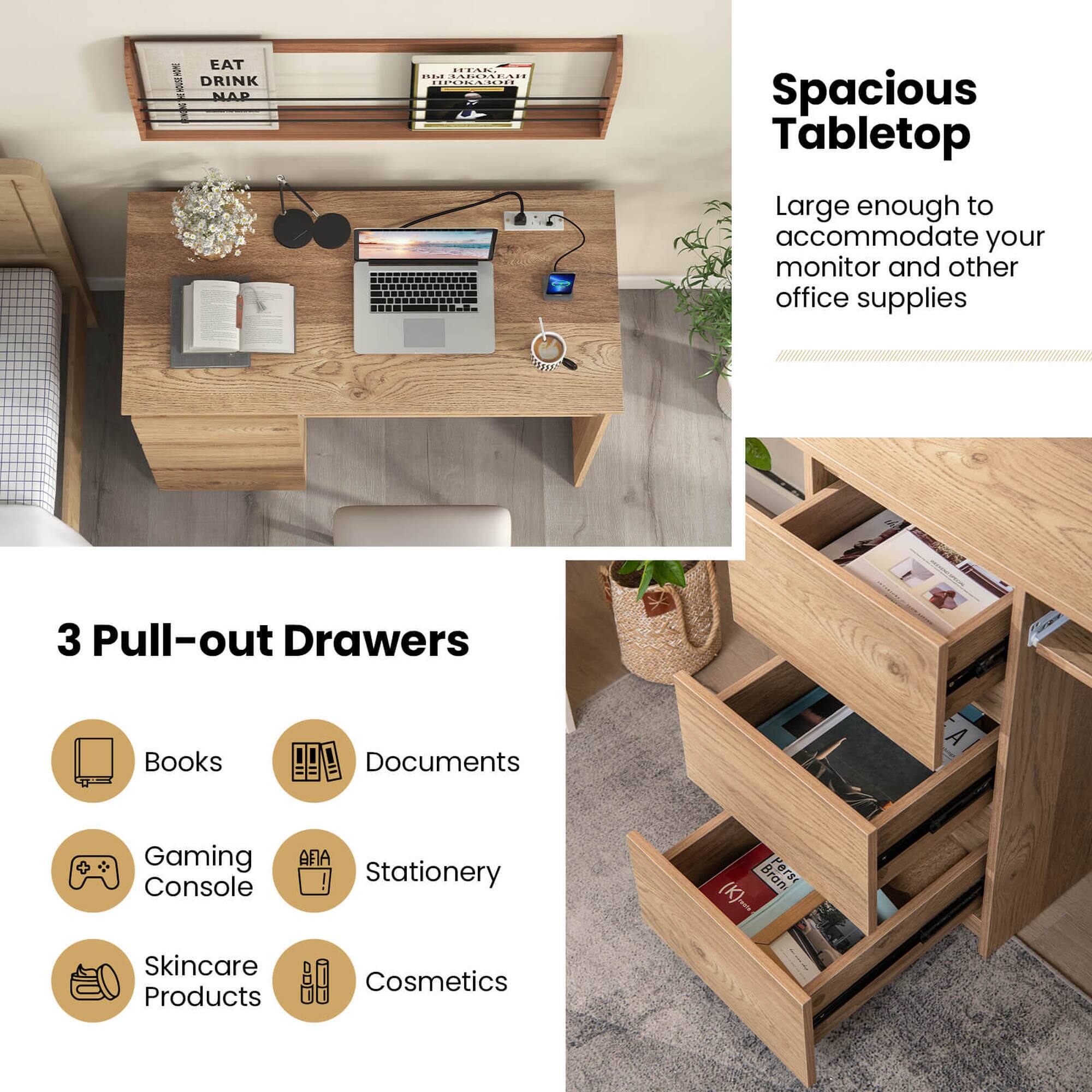 The text on the image is grouped and corrected as follows:

1. Spacious Tabletop: Large enough to accommodate your monitor and other office supplies.
2. 3 Pull-out Drawers: Books, Documents, Gaming Console, AA Stationery, and Skincare Products.
3. Cosmetics.