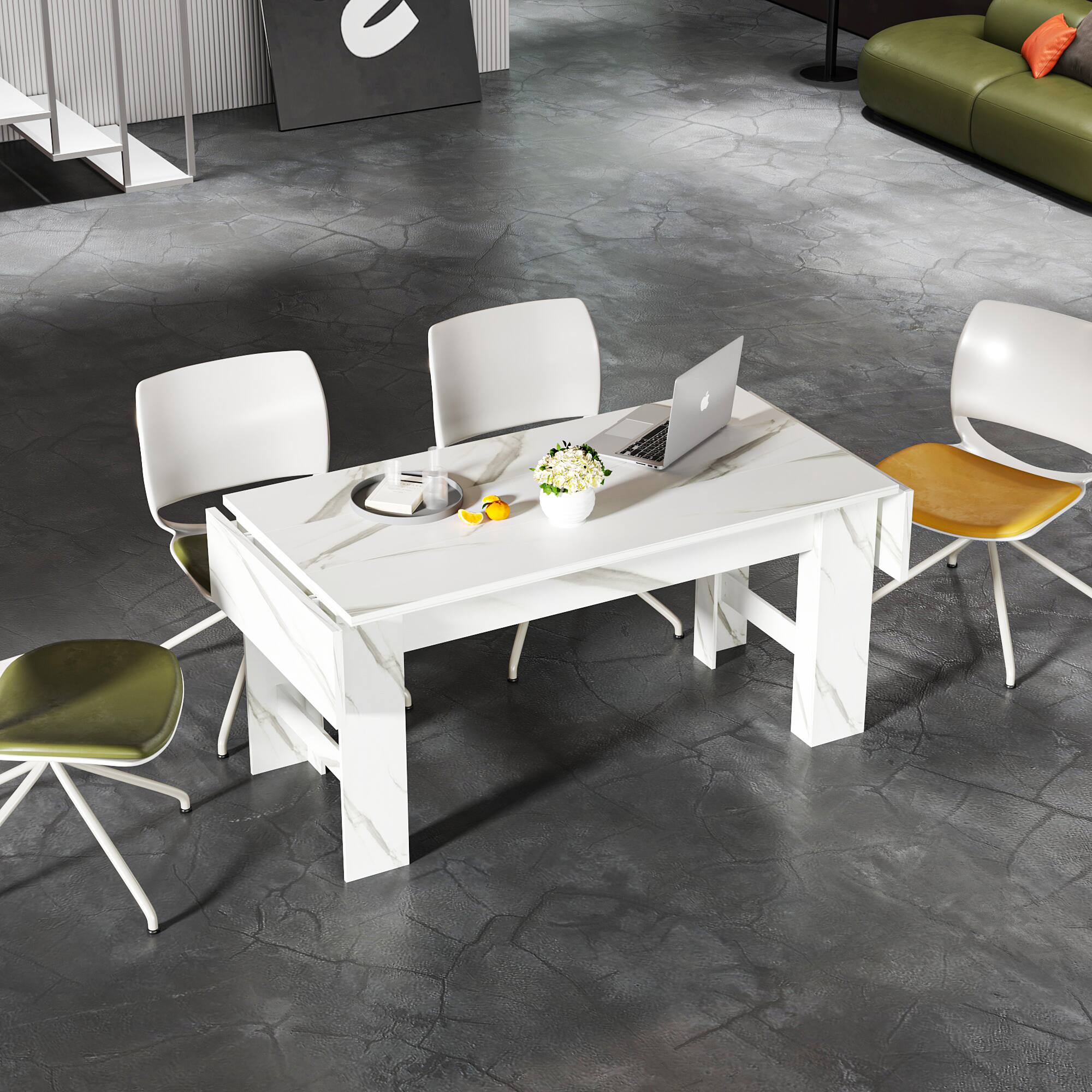 Alt View 1. FUFU&GAGA - Extendable Multifunctional Table with Press-to-Expand Design, Convertible Dining and Work Desk with Faux Stone Top - Marble White.