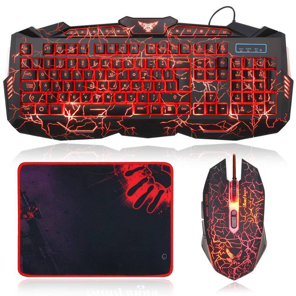 Pacoar Cade - Backlit Gaming And Mouse Combo Usb Wired Game Set Multimedia Keys 3 Color Led Crack Illumination For Work Gaming - Default