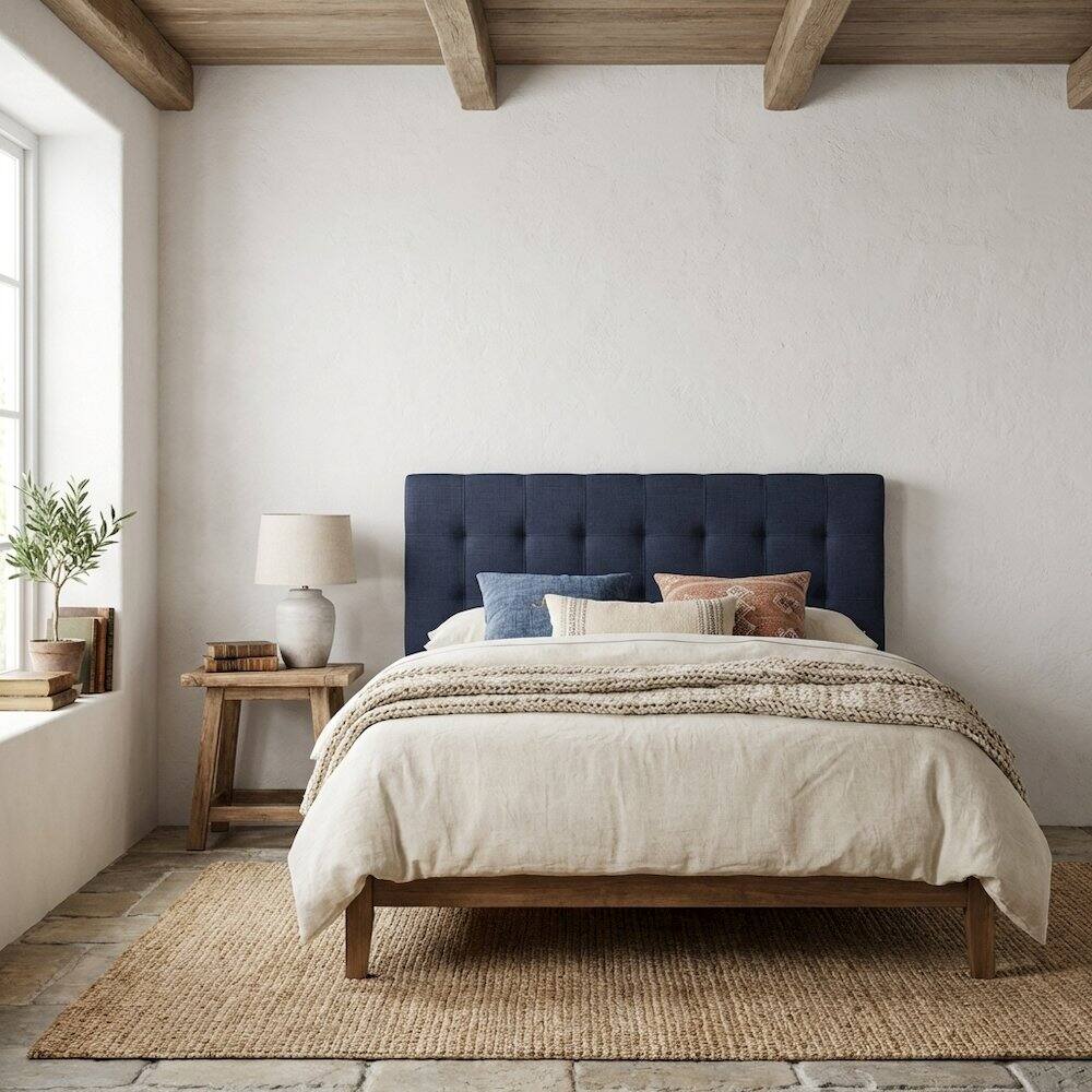 Angle. FurniFact - Upholstered Full Fabric Headboard with Soft Padding and Sturdy Frame - Blue.