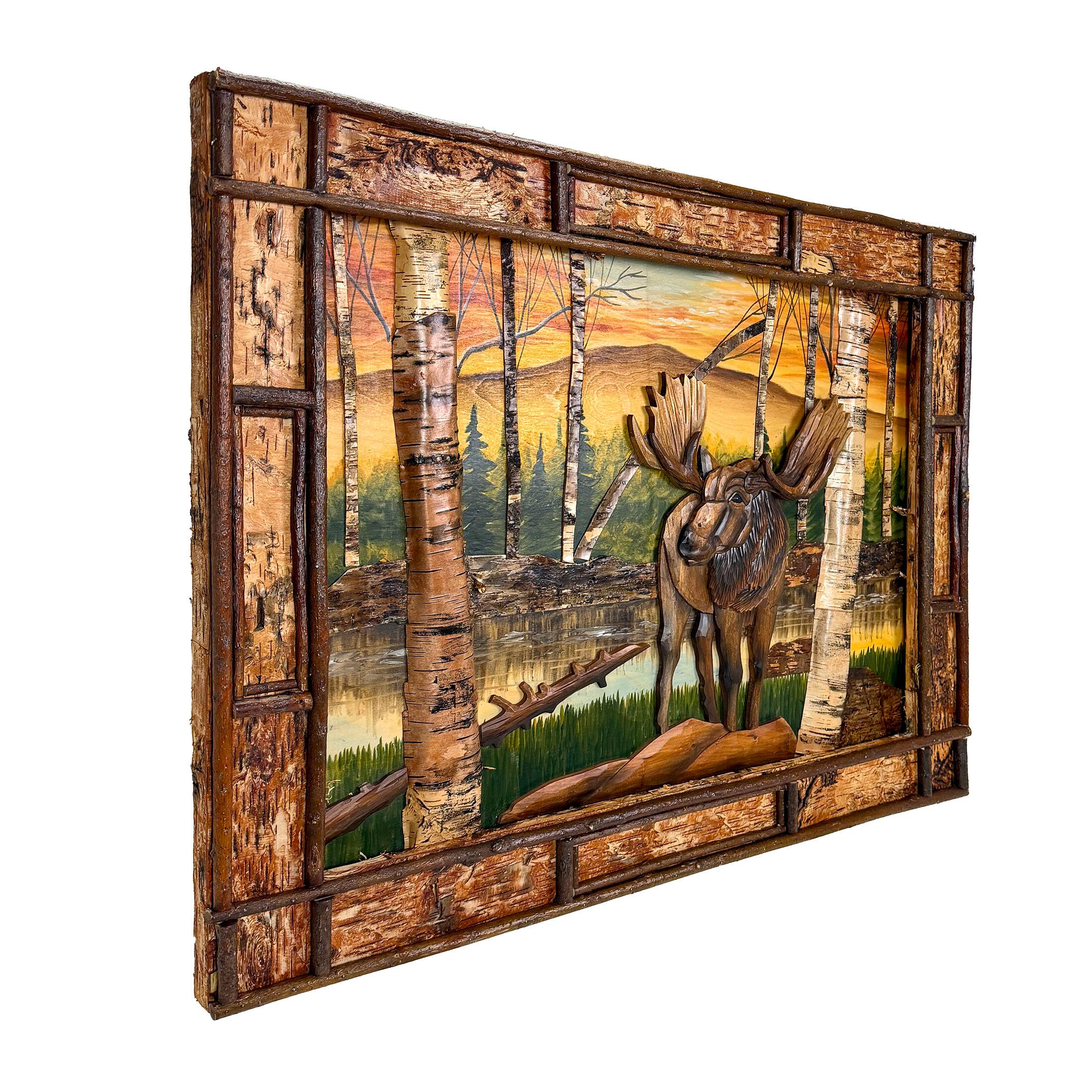 Alt View 1. Zeckos - Rustic Moose Birch Forest Wood Wall Sculpture 28.75x36.5 Brown Glossy - Brown.