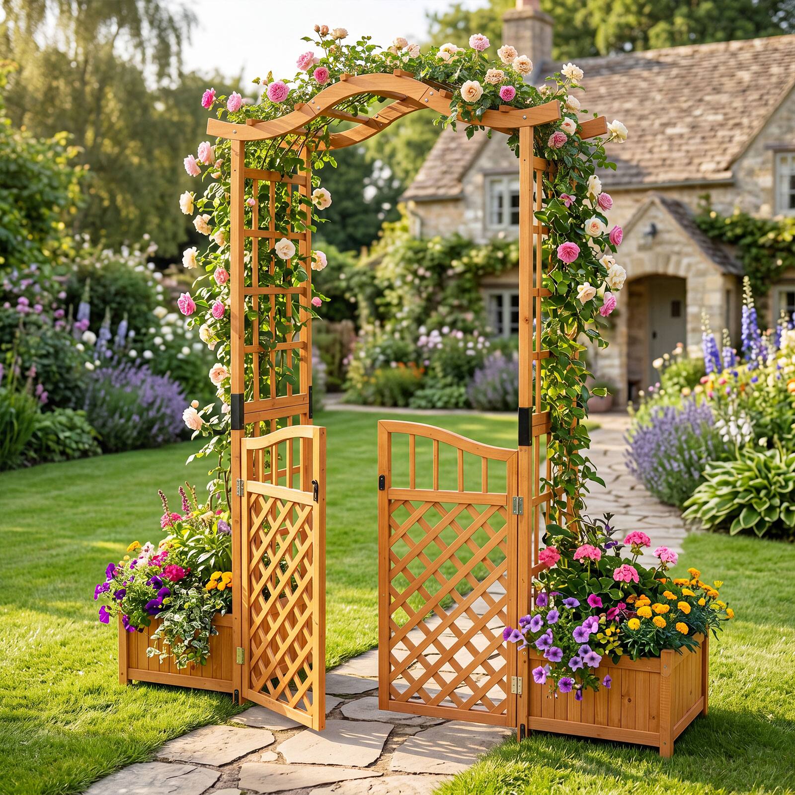 Alt View 1. Costway - Costway Garden Arbor with Gate & 2Planter Boxes, 83" Wooden Garden Arch with Drainage Holes - Yellow.