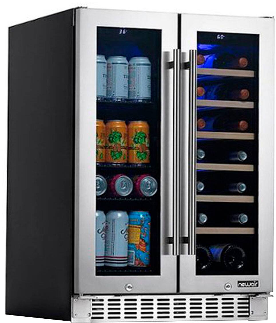 Left. NewAir - Refurbished 18-Bottle or 58-Can French Door Dual Zone Wine Refrigerator with SplitShelf and Beech Wood Shelves - Stainless Steel.