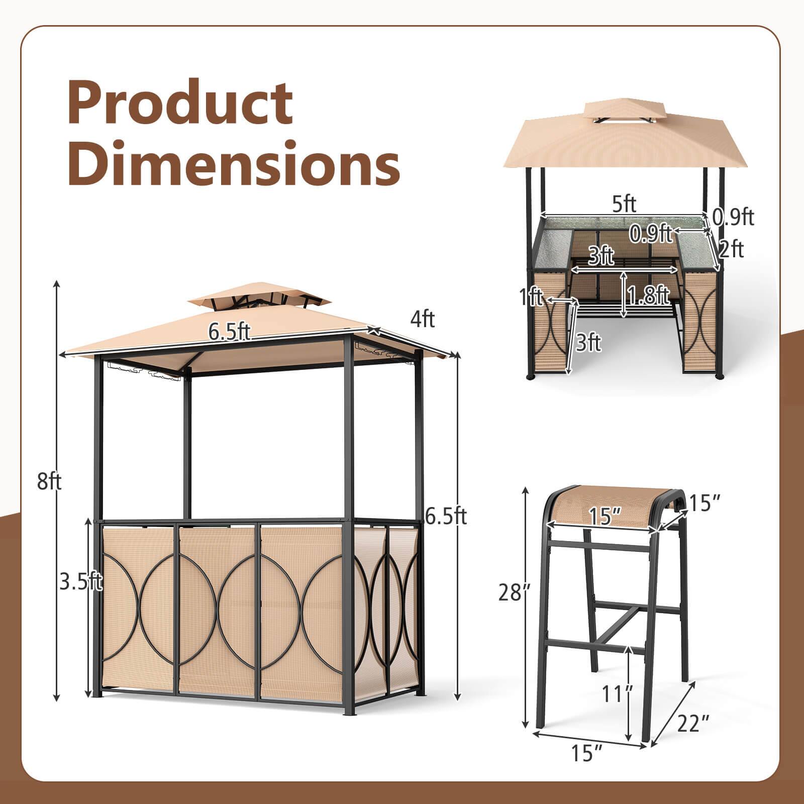 Product Dimensions

- 4ft x 6.5ft x 8ft
- 5ft x 3ft x 2ft (with 0.9ft depth)
- 15" x 15" x 28" (height)
- 11" x 22" x 15" (height)