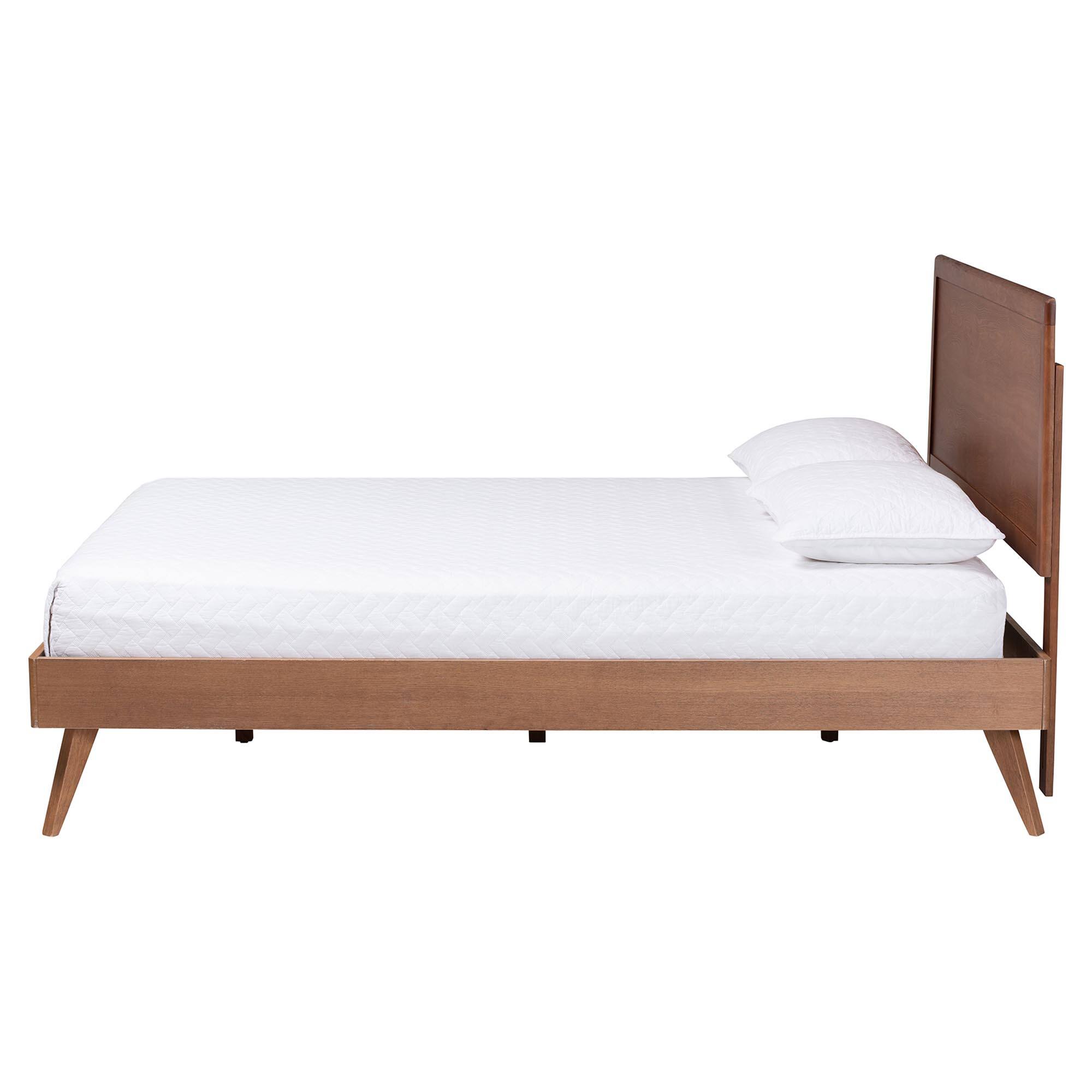 Angle. Baxton Studio - Jiro Platform Bed - Mid-Century Modern Wood Bed Frame with Panel Headboard and Angled Legs for Bedroom, King - Ash Walnut.