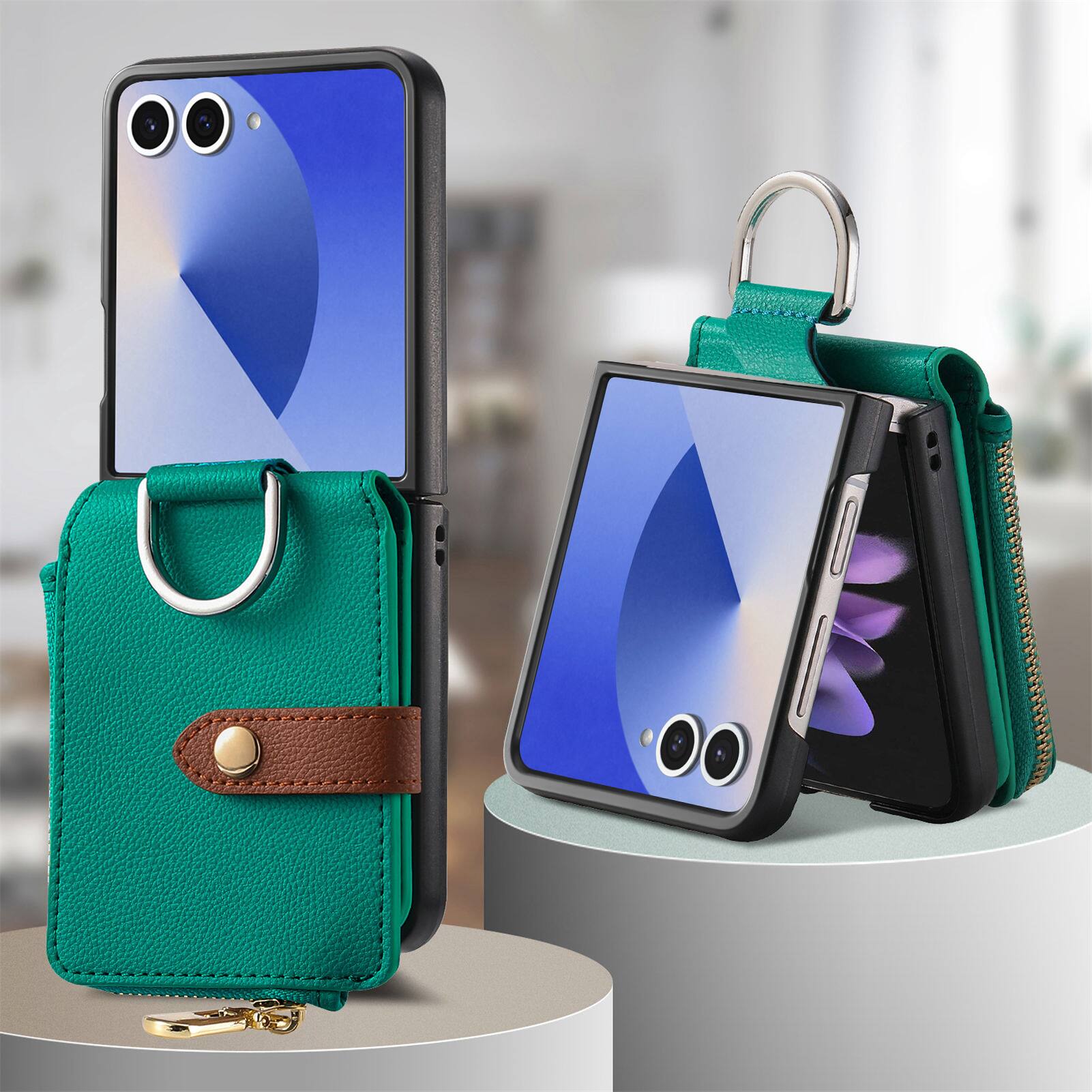 Alt View 5. Dteck - Flip Wallet Case for Samsung Galaxy Z Flip7,Built-in Metal Finger Ring,Shockproof Zipper Pocket PU Leather Cover - Green.