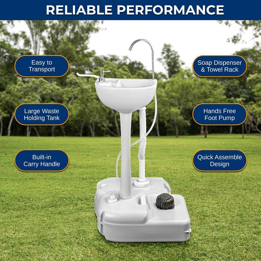 RELIABLE PERFORMANCE

- Easy to Transport
- Large Waste Holding Tank
- Built-in Carry Handle
- Soap Dispenser & Towel Rack
- Hands Free Foot Pump
- Quick Assemble Design
