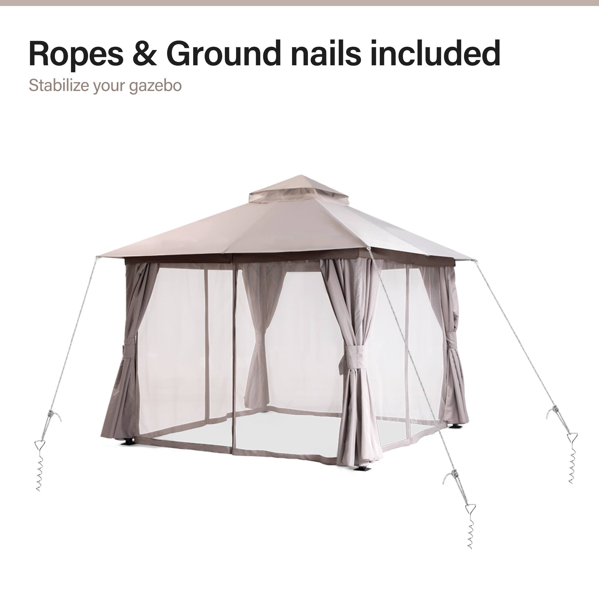 Ropes & Ground nails included  
Stabilize your gazebo