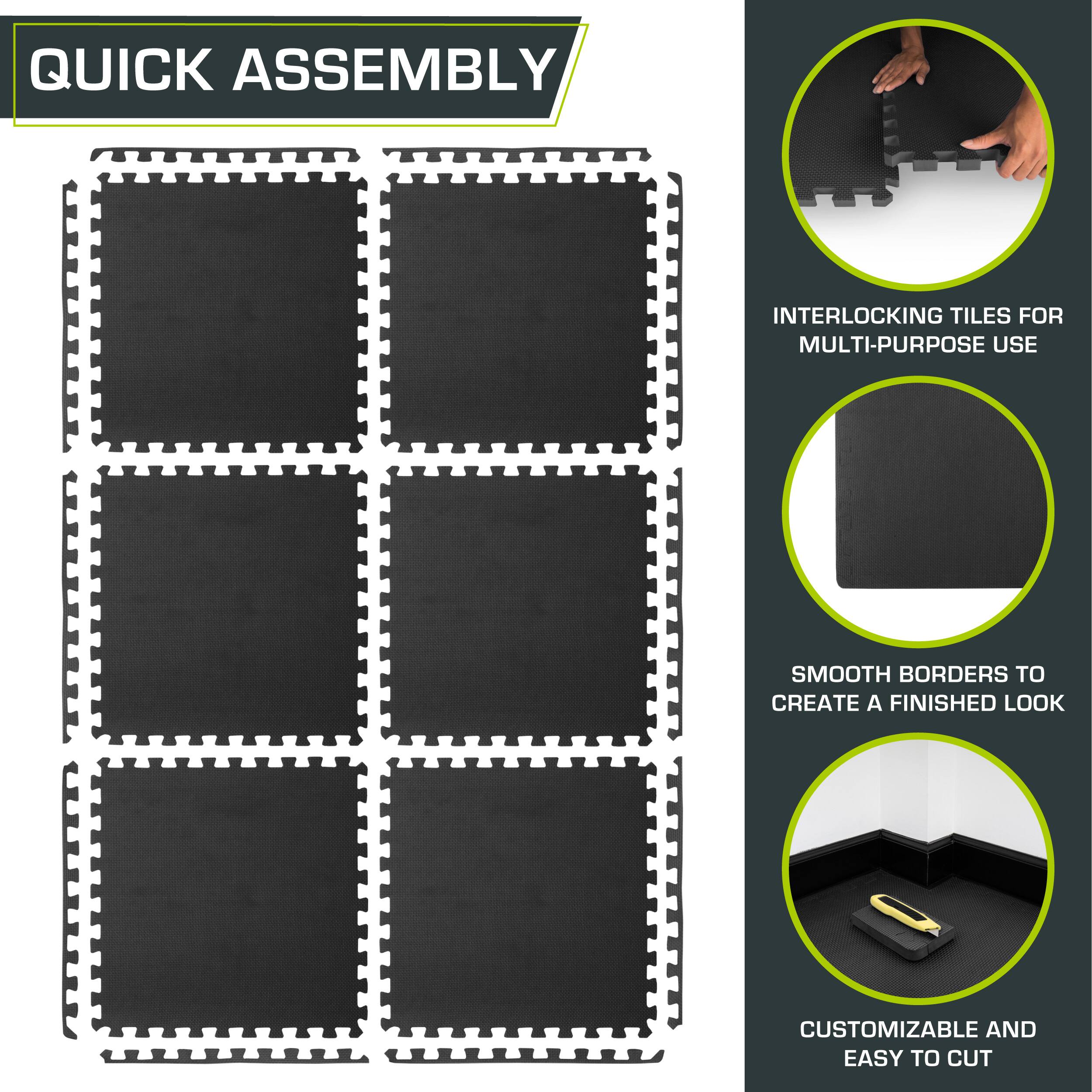 Quick Assembly Interlocking Tiles for Multi-Purpose Use. Smooth Borders to Create a Finished Look. Customizable and Easy to Cut.